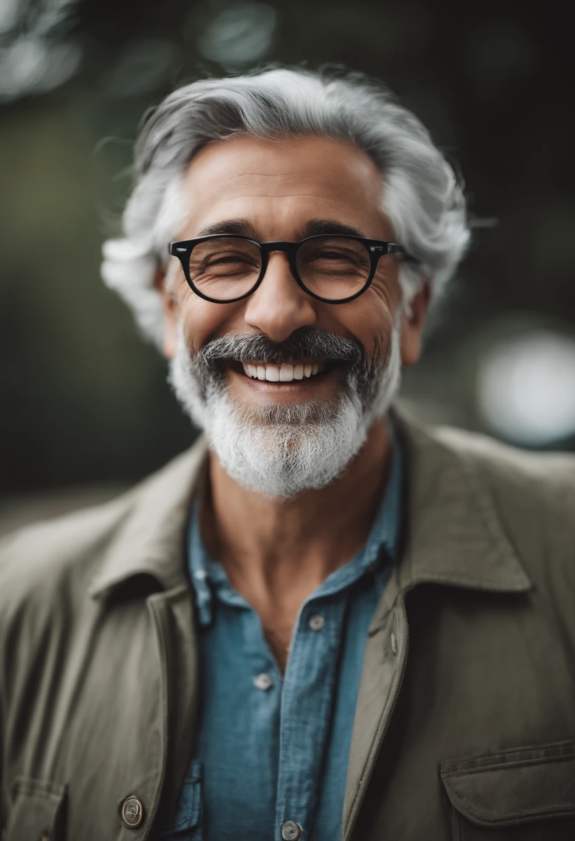 man, gray hair and beard, round glasses, smiling,, rounded face, short hair, nice teeth, slim,