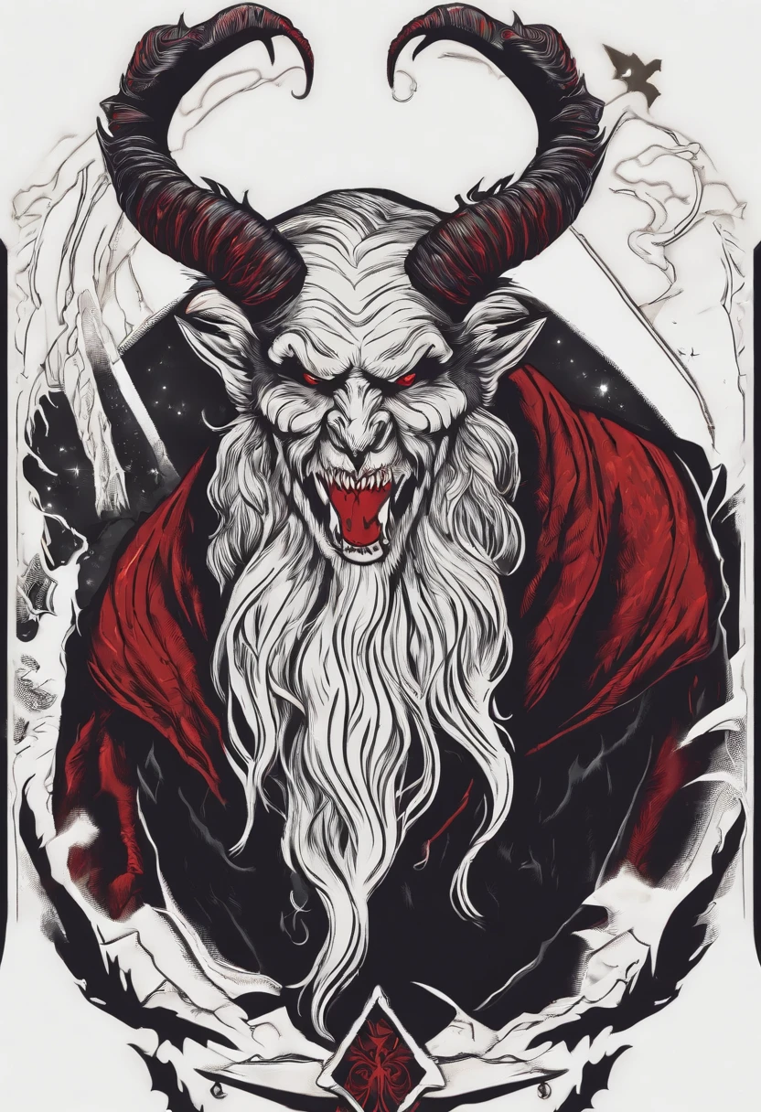 /imagine prompt: Krampus illustration for a sticker with a black background, in bold outline style, jagged edges, trashcore, light shading --v 5.2