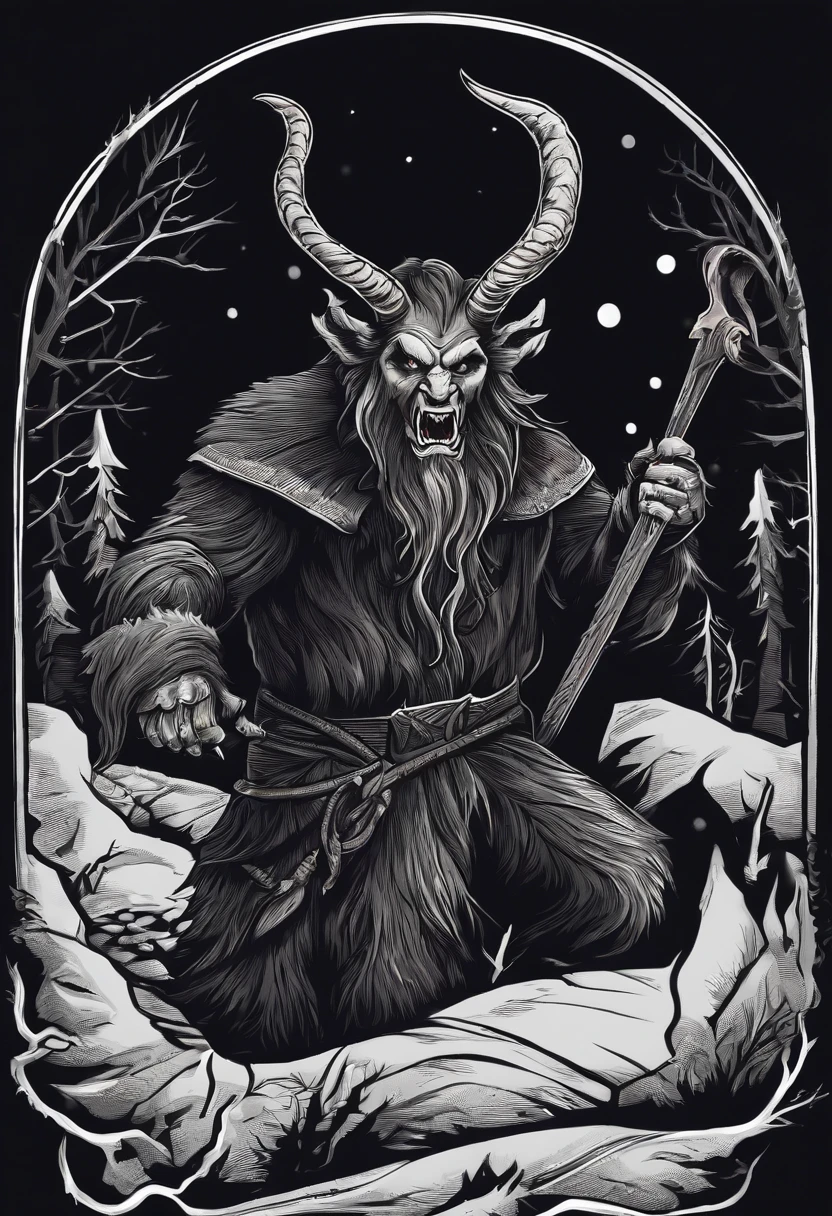 /imagine prompt: Krampus illustration for a sticker with a black background, in bold outline style, jagged edges, trashcore, light shading --v 5.2