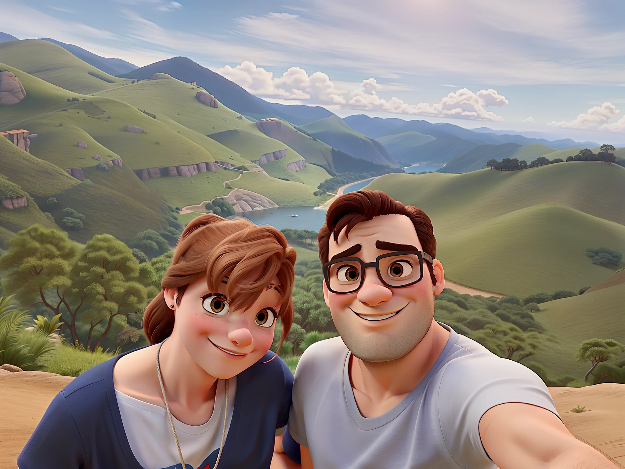 Um casal no alto da serra estilo disney pixar, alta qualidade, melhor qualidade
