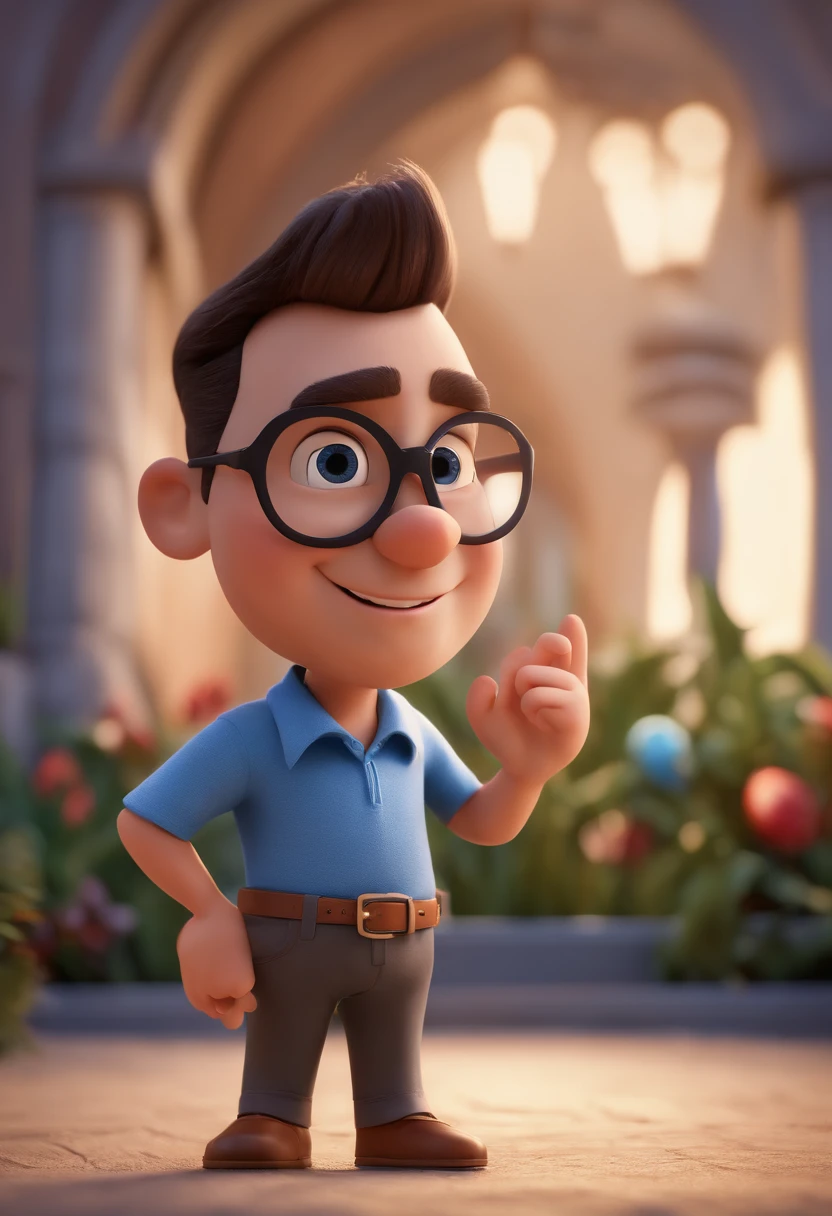 Cartoon character of a man with black glasses and a blue shirt, animation character, Caractere estilizado, animation style rendering, 3D estilizado, Arnold Maya render, 3 d render stylized, toon render keyshot, Personagem 3D, Personagem 3D, 3d rendering stylized, 3 d character render, personagem de desenho animado, Personagem de close up, Pose de personagem,  (Estilo Pixar) (master part:1.2) (Bokeh) (best quality) (pele detalhada) (textura detalhada) (8k) (argila) (Cinematic lighting) (foco nítido