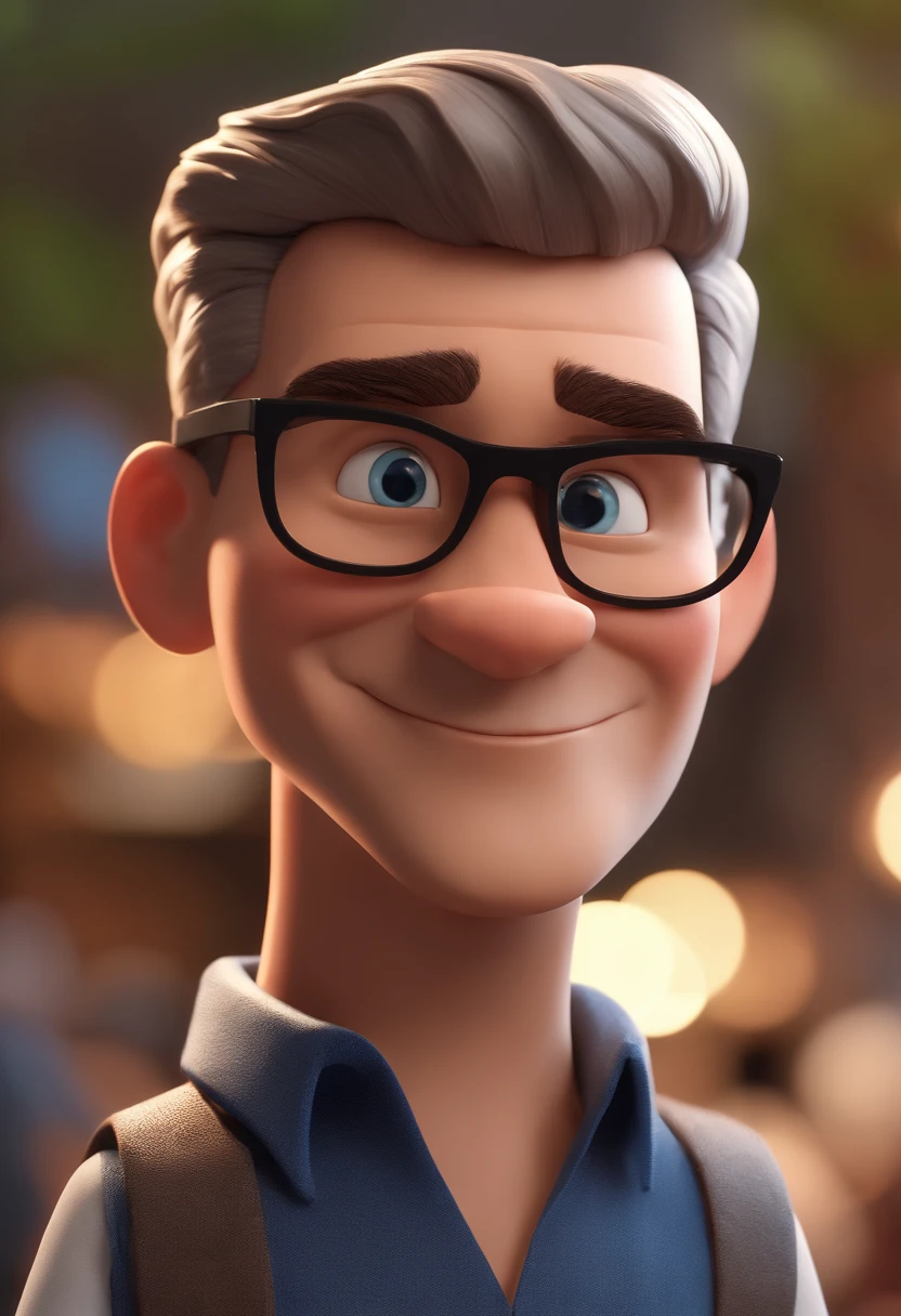 Cartoon character of a man with black glasses and a blue shirt, animation character, Caractere estilizado, animation style rendering, 3D estilizado, Arnold Maya render, 3 d render stylized, toon render keyshot, Personagem 3D, Personagem 3D, 3d rendering stylized, 3 d character render, personagem de desenho animado, Personagem de close up, Pose de personagem,  (Estilo Pixar) (master part:1.2) (Bokeh) (best quality) (pele detalhada) (textura detalhada) (8k) (argila) (Cinematic lighting) (foco nítido