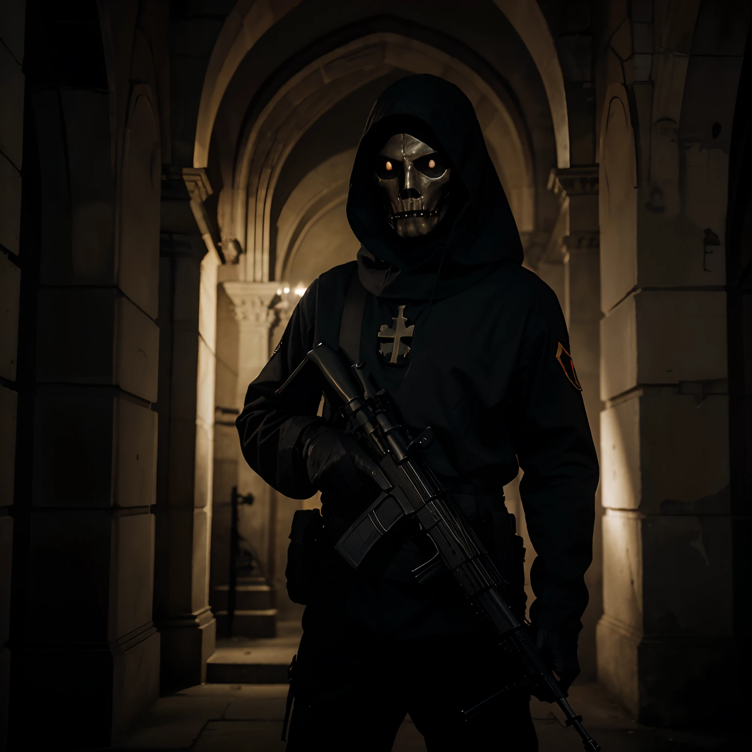 8k, Best quality, Masterpiece, hallowen soldat, arme , fusil FAMAS, Soldier disguised as ghost, Dark Church