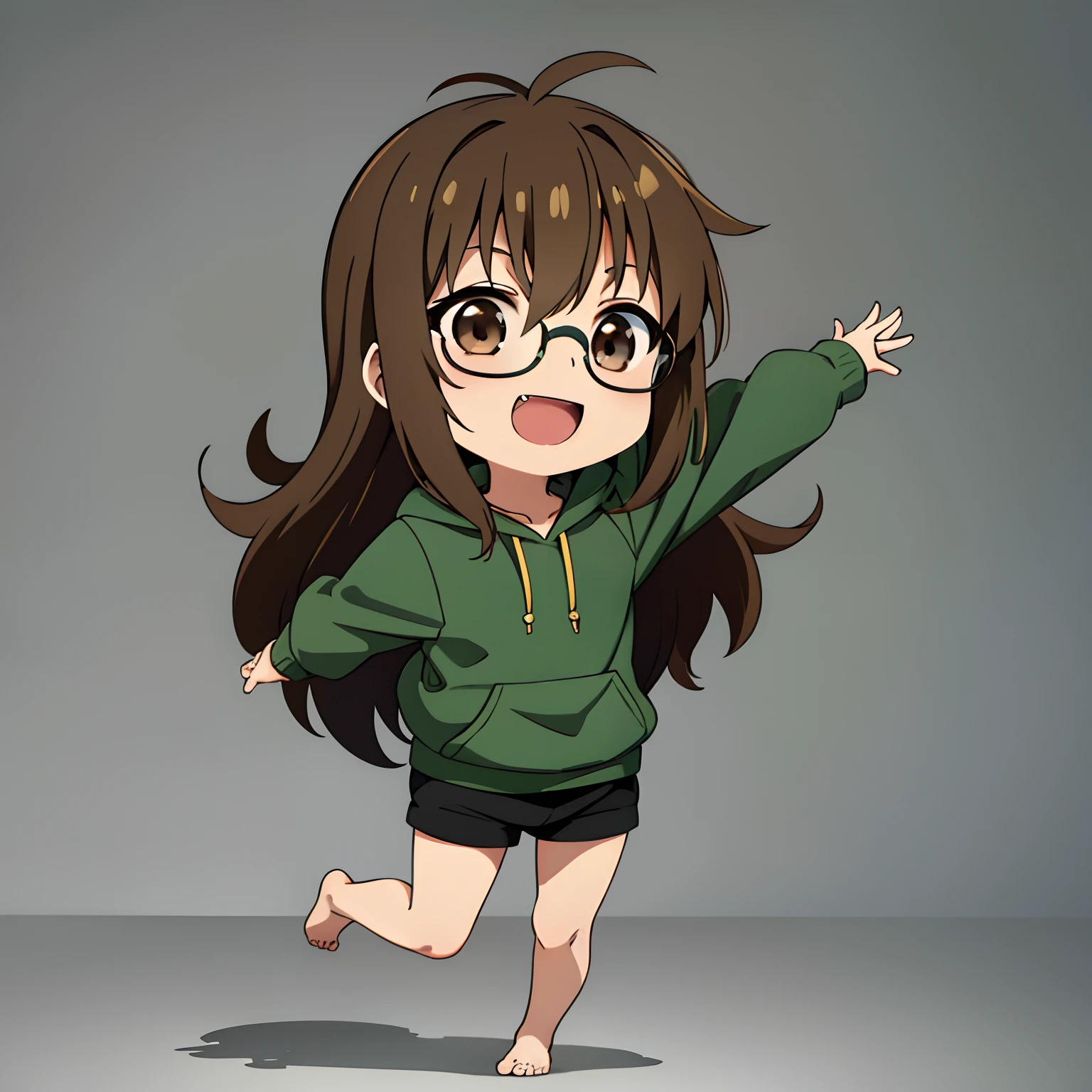 (Chibi:1.3), Upper body, Best Quality, 1 girl, Solo, Standing, Simple background, Green hoodie, Black shorts, Barefoot, Brown Long Hair, Brown eyes, Smile, Open mouth, Jumping、Black-rimmed glasses