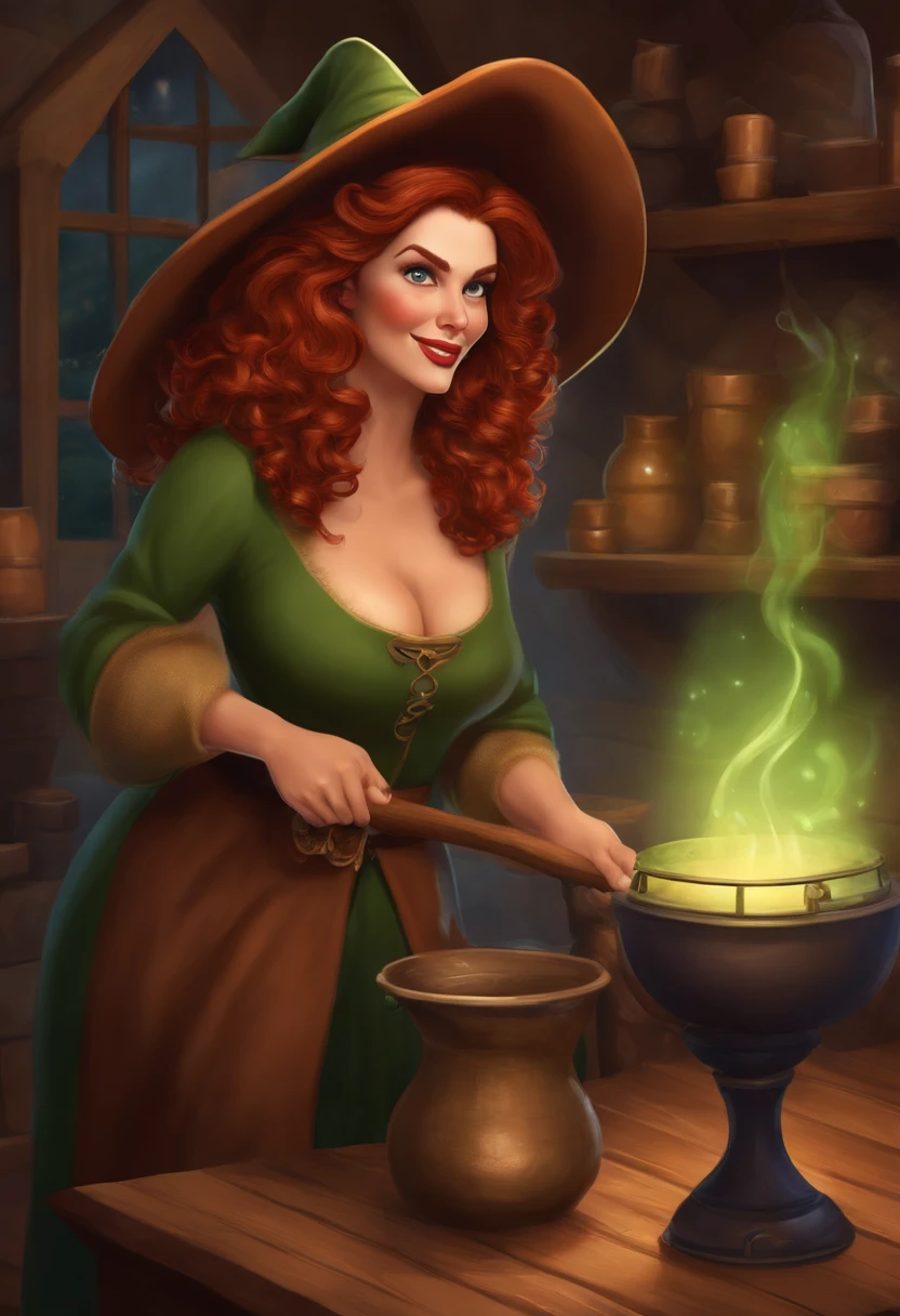 A sweet 40-year-old witch with a mysterious expression, ruiva, cabelos longos, ondulados, com sardas, olhos castanhos, Making Potions, ao lado da sua gata mal humorada branca de olhos azuis, aminação pixar.