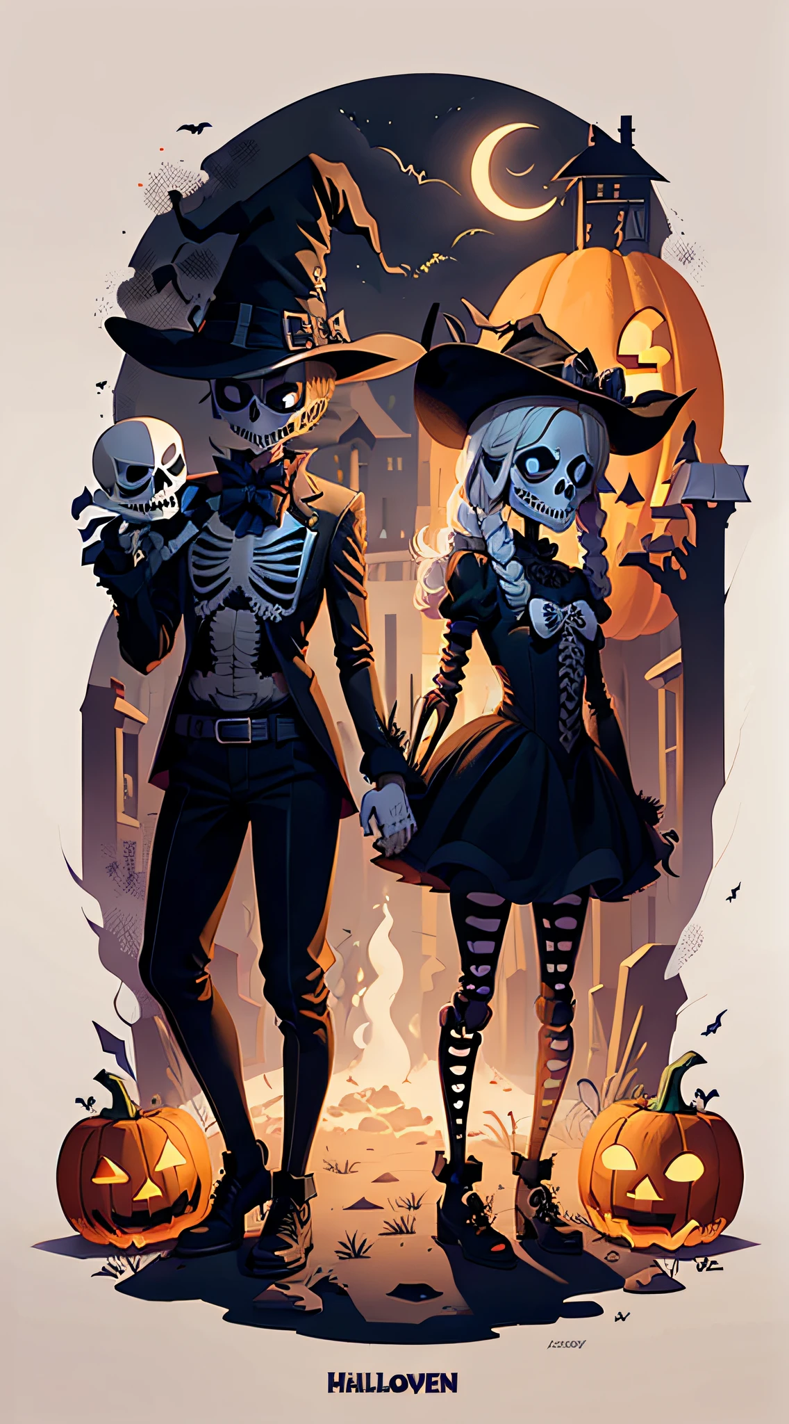 Halloween party poster for children in disguise (skeletons, ghosts, pumpkin, witches. Ultra detailed.