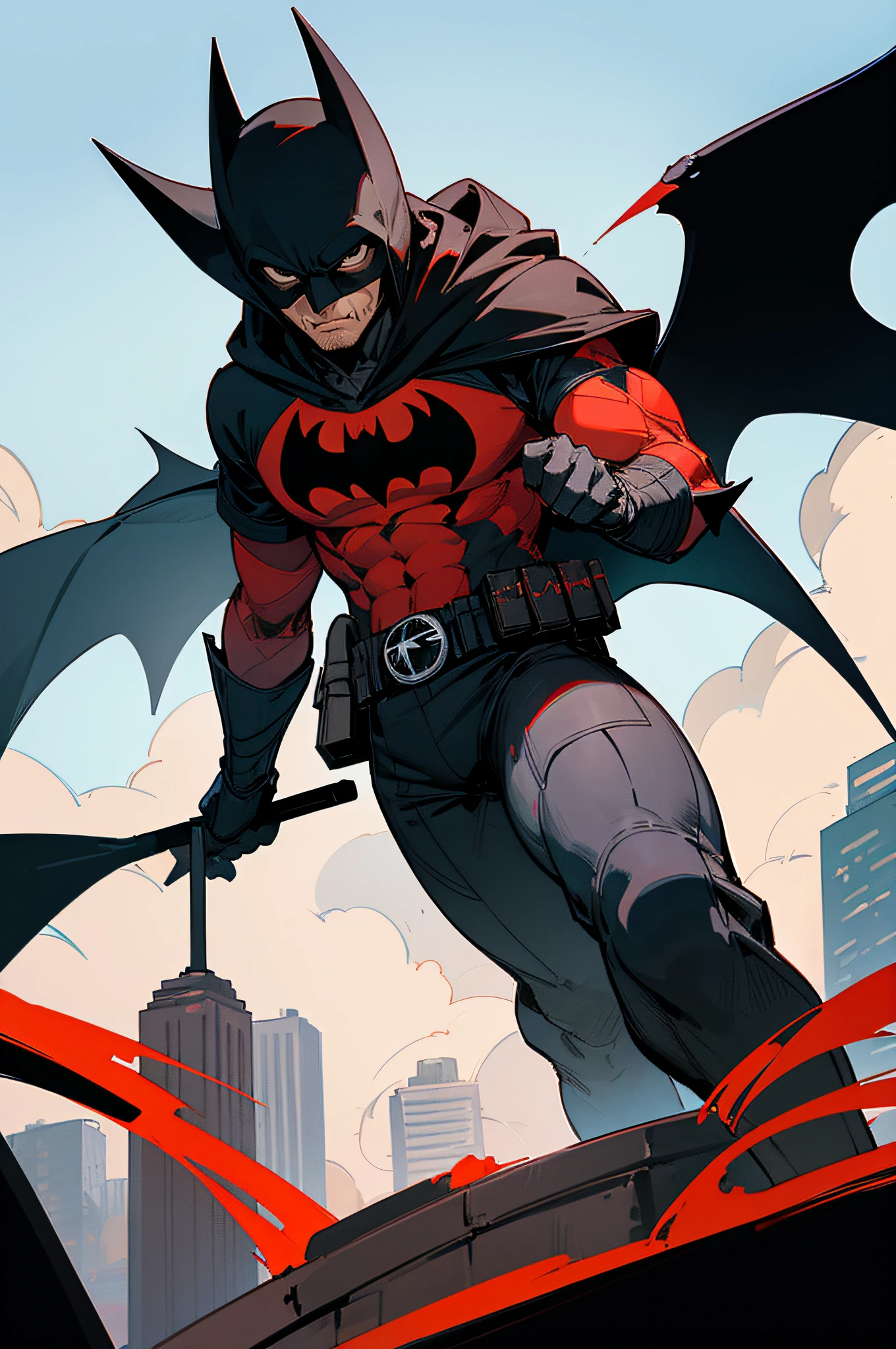 Batman is standing on top of a roof, olhando para a cidade de Gotham City. He is dressed in the Flamengo shirt, Your favorite team. The shirt is red and black, com o escudo do Flamengo no peito. Batman is wearing his hood too, Mask & Utility Belt.