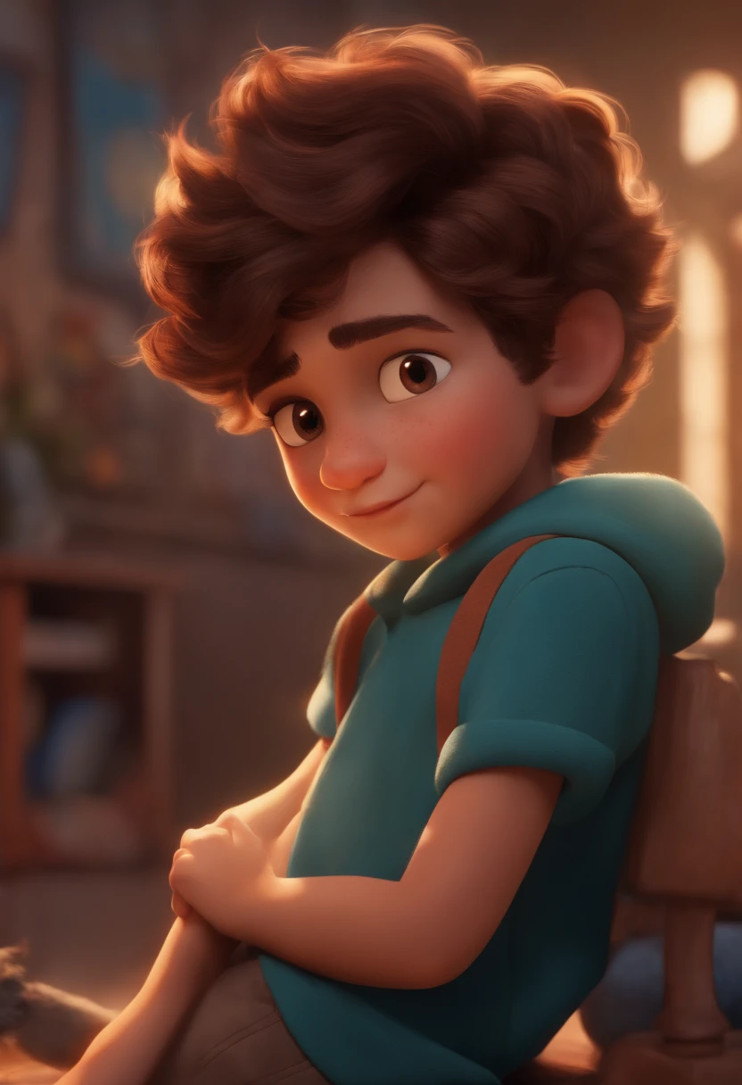 Image of a boy for a story in a YouTube video in Pixar format, He's the allabester, He's the class leader, He's outgoing, Playful and gets up for a lot of things, cabelo curto