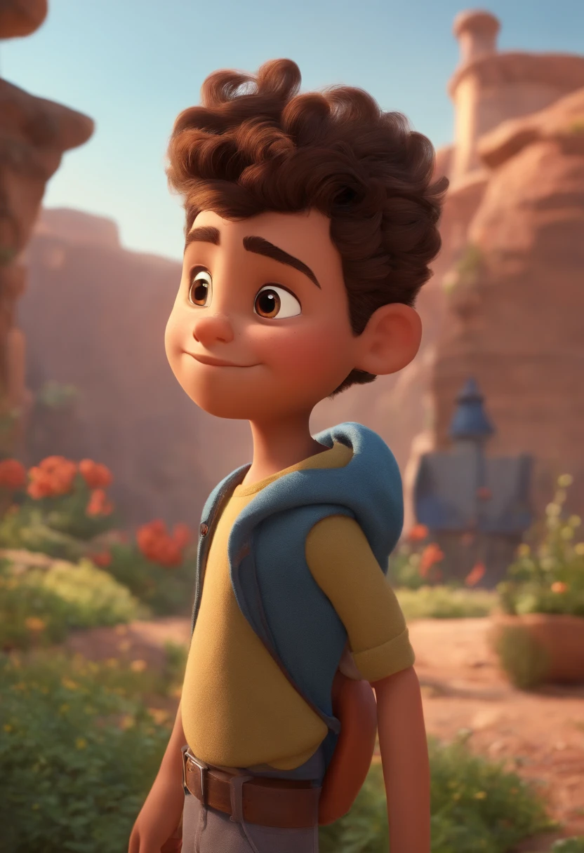 Image of a boy for a story in a YouTube video in Pixar format, He's the  allabester, He's the class leader, He's outgoing, Playful and gets up for a lot of things, cabelo curto