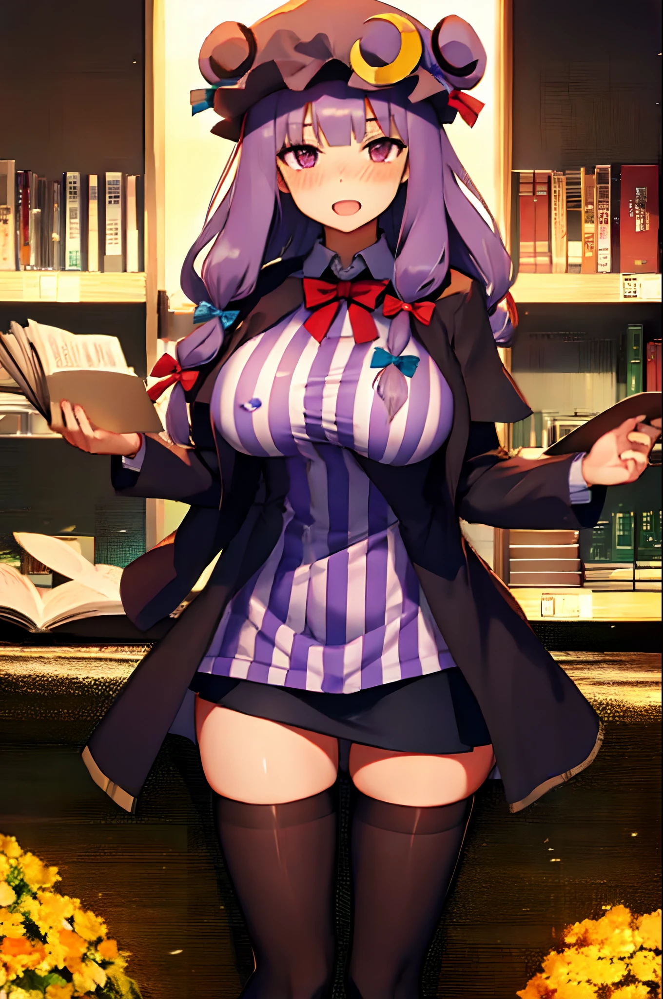 (solo Patchouli (standing with open legs):1.3), lakeside forest, BREAK, (inconceivably long legs:1.2), thin legs, (legs apart), pigeon toed, (black long thighhighs:1.3), (very short skirt:1.3), BREAK, (very short torso), BREAK, (perky huge breast:1.3), (thin waist:1.2), BREAK, smile for viewer, open mouth, (nose blush:1.2), BREAK, arms down, BREAK, (nsfw:0.3), (orgasm), (heavy breathing), BREAK, (full body), BREAK, (masterpiece, best quality, ultra high resolution, beautiful detailed)