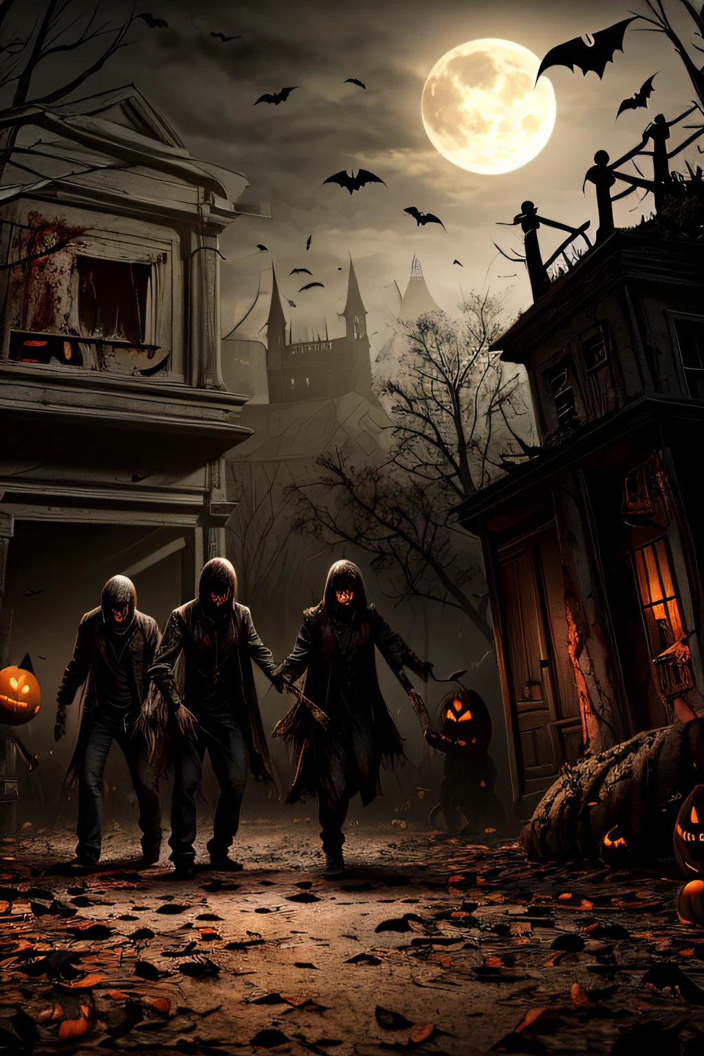 A scary and very disturbing darkness Halloween scene with zombies horor, full of detail and texture. It's awful and beautiful at the same time. blood and pumping are in