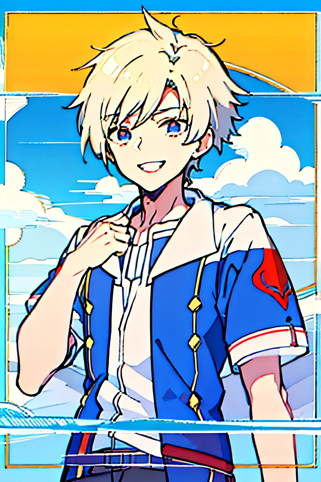 Anime boy with white shirt and blue sky background, he is happy, he is smiling, he is happy, Anime boy, Happy expression, High Quality Anime Art Style, [[[[grinning evily]]]], in an anime style, happy and spirited expression, happy clouds behind, In anime style, young anime man, High-quality fanart
