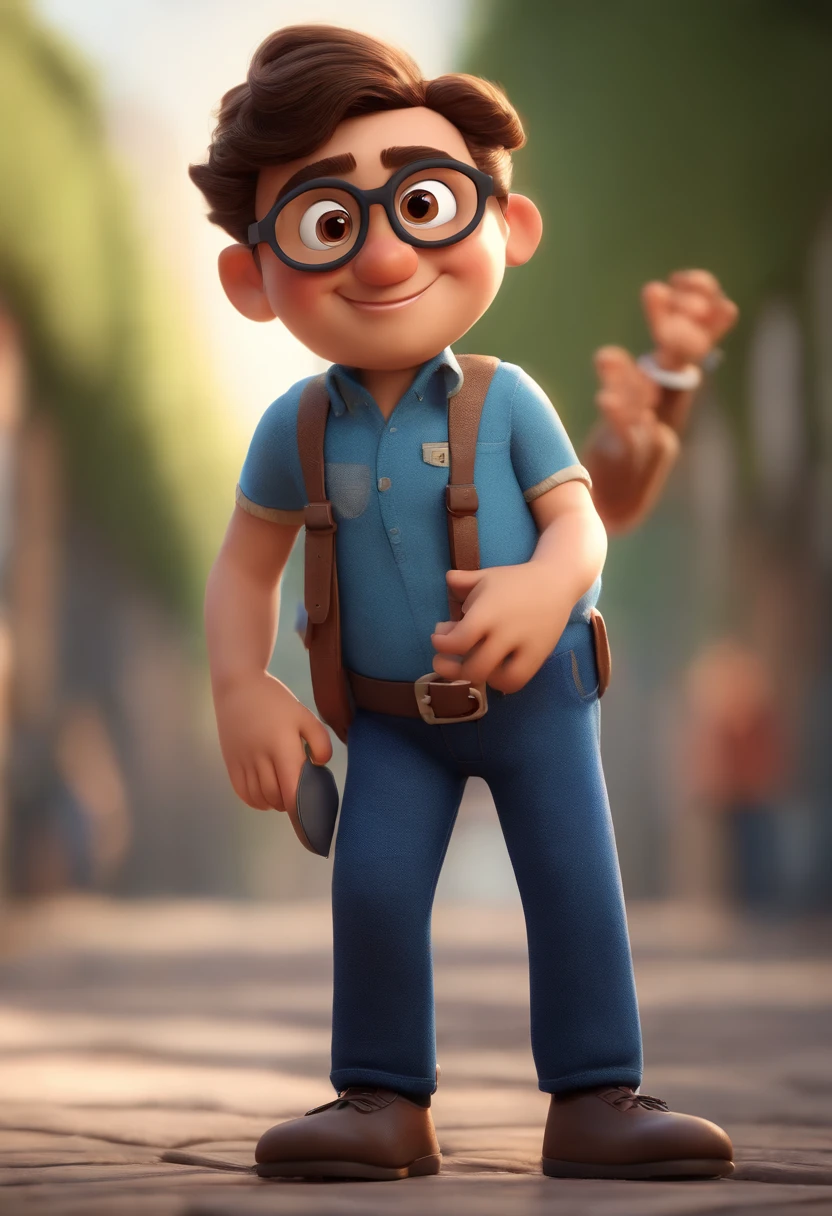 Cartoon character of a man wearing black glasses and a blue shirt, um personagem animado, Caractere estilizado, animation style rendering, 3D estilizado, Arnold Maya render, 3 d render stylized, toon render keyshot, Personagem 3D, Personagem 3D, 3d rendering stylized, 3 d character render, personagem de desenho animado, Personagem de close up, Pose de personagem, (Estilo Pixar) (master part:1.2) (Bokeh) (best quality) (pele detalhada) (textura detalhada) (8k) (argila) (Cinematic lighting) (foco nítido