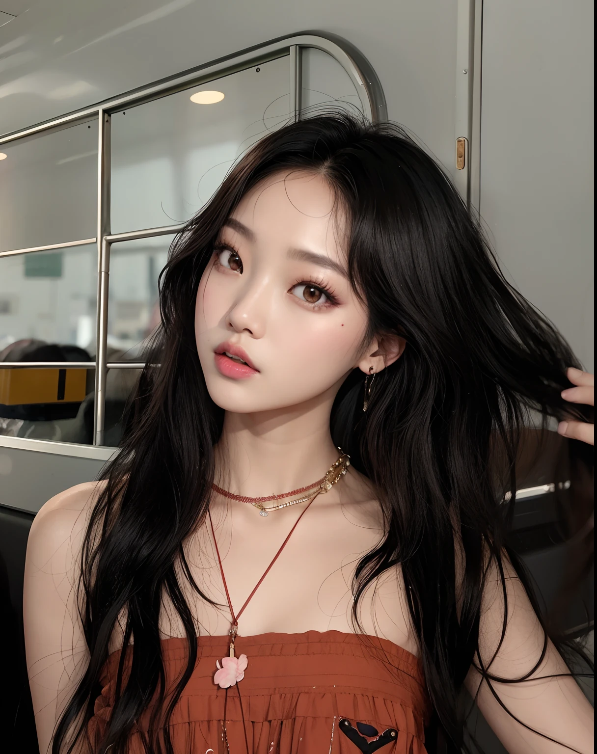 masterpiece, best quality, 1 girl, solo, beautiful African and Asian mixed 19 year old, brown skin female, long, frizzy, curly dark hair, perfect face, long hair