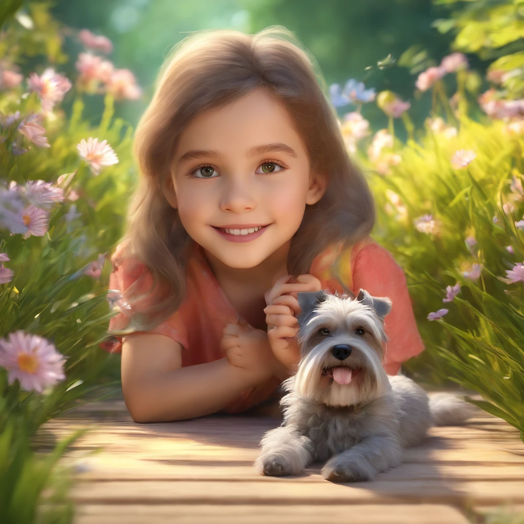 blonde *****, 3 *********, curly hair, sky blue dress, with Yorkshire brown dog on lap, forest illuminated with many flowers, photorealistic, backlight, warm tones --auto --s2