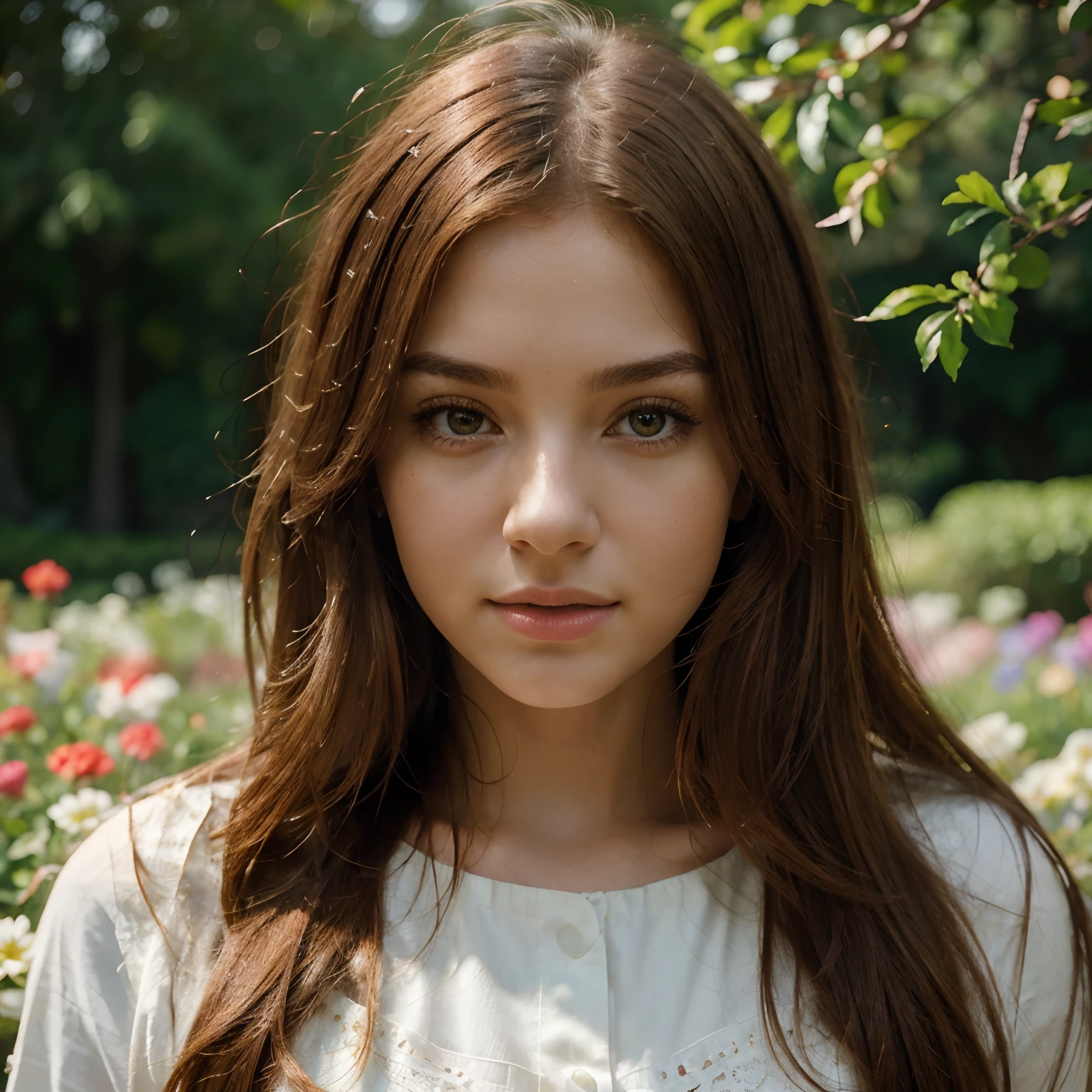 A close up of a woman with long brown hair standing in a garden - SeaArt AI