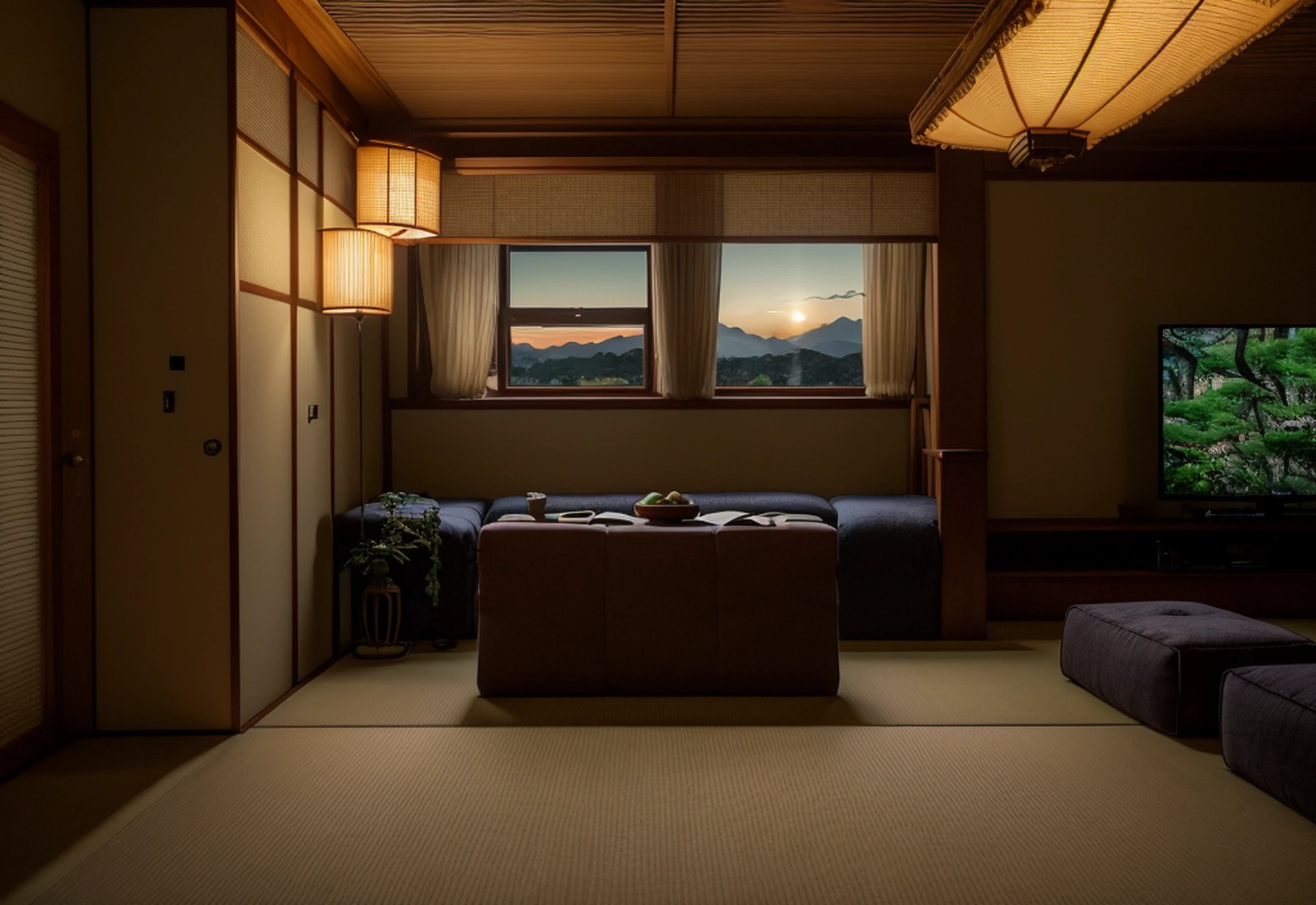 wilight, twilight sky, artificial light, interior of livingroom, sofa, armchair, coffee table, drapes, window, door, standing lamp, chandelier, decoration, rug, banister and stair, frame, sound system and speaker, television, vase, wall unit, (japanese tradition style), nice zen garden, (quiet:1.2),ahart pine trees, RAW photo, 8k uhd, dslr, soft lighting, high quality, film grain, Fujifilm XT3