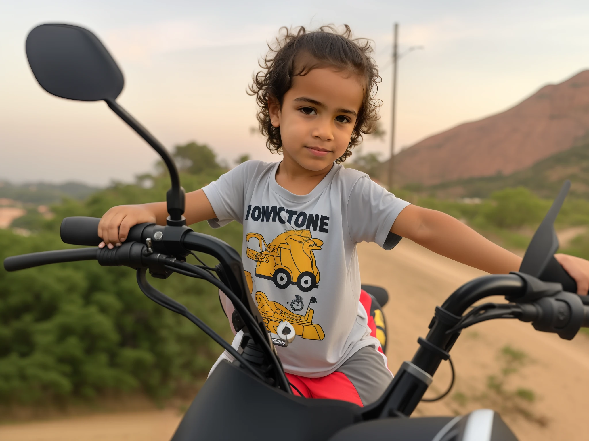 There's a child who's sitting on a motorcycle, pilotando uma motocicleta, cabrito, serious business, sentado em uma motocicleta, Divirta-se, divertindo-se, imagem retrato, pose divertida, cena poderosa, Retrato no meio da foto, 2 anos, motocicleta,  novo, foto retrato, working hard, garotinho, por Romain brook