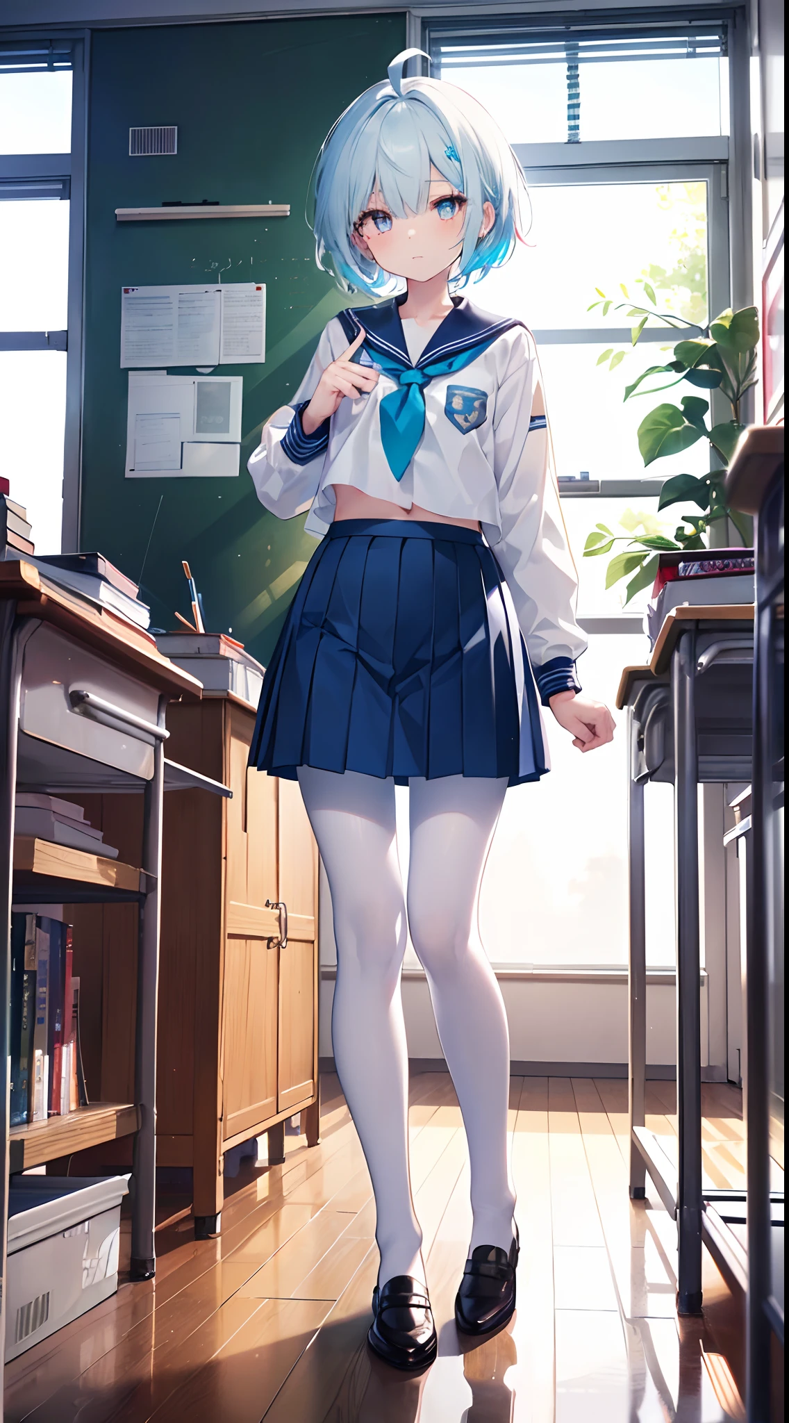, (Masterpiece, Slim Body, Delicate Fingers: 1.2), Best Quality, (Illustration: 1.2), (Hyper Detail), Eye Focus, Ultra Detail, (Fine Detail), (Intricate Detail), HDR, (Ultra Detail: 1.15), (Soft Light: 1.2), (1 girls), Inside the classroom, Wear, ((School_uniform), (sailor_suit), (short_blue_pleated_skirt), (white_pantyhose:1.2) long sleeve shirt, (White_hair with blue highlights), cyan eyes, teenager, medium short hair, solo, multicolored hair, ahoge, flat chest, mismatched pupils, multicolored eyes, high quality, best quality, full body image,