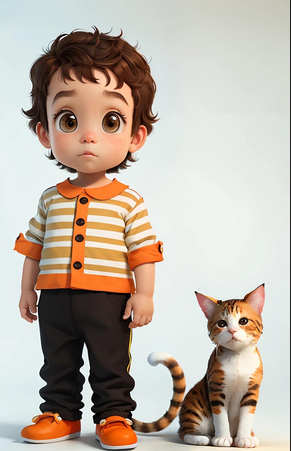 Make a Disney Pixar 3D style picture of a 2--old , Light skin, brown hair, smooth brown eyes to the side and forehead showing, black and white striped blouse and orange pants with white cat with gray spots