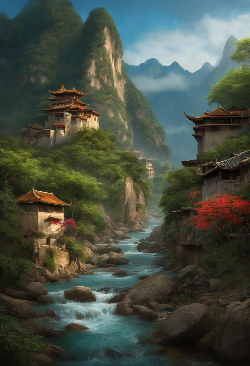 master part, best quality, muito detalhado, soberbamente detalhado, High mountains and running water, Pintura chinesa, Favela, imponente, Paisagens realistas, Cenas da dinastia Song