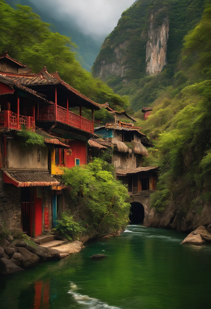 master part, best quality, muito detalhado, soberbamente detalhado, High mountains and running water, Pintura chinesa, Favela, imponente, Paisagens realistas, Cenas da dinastia Song