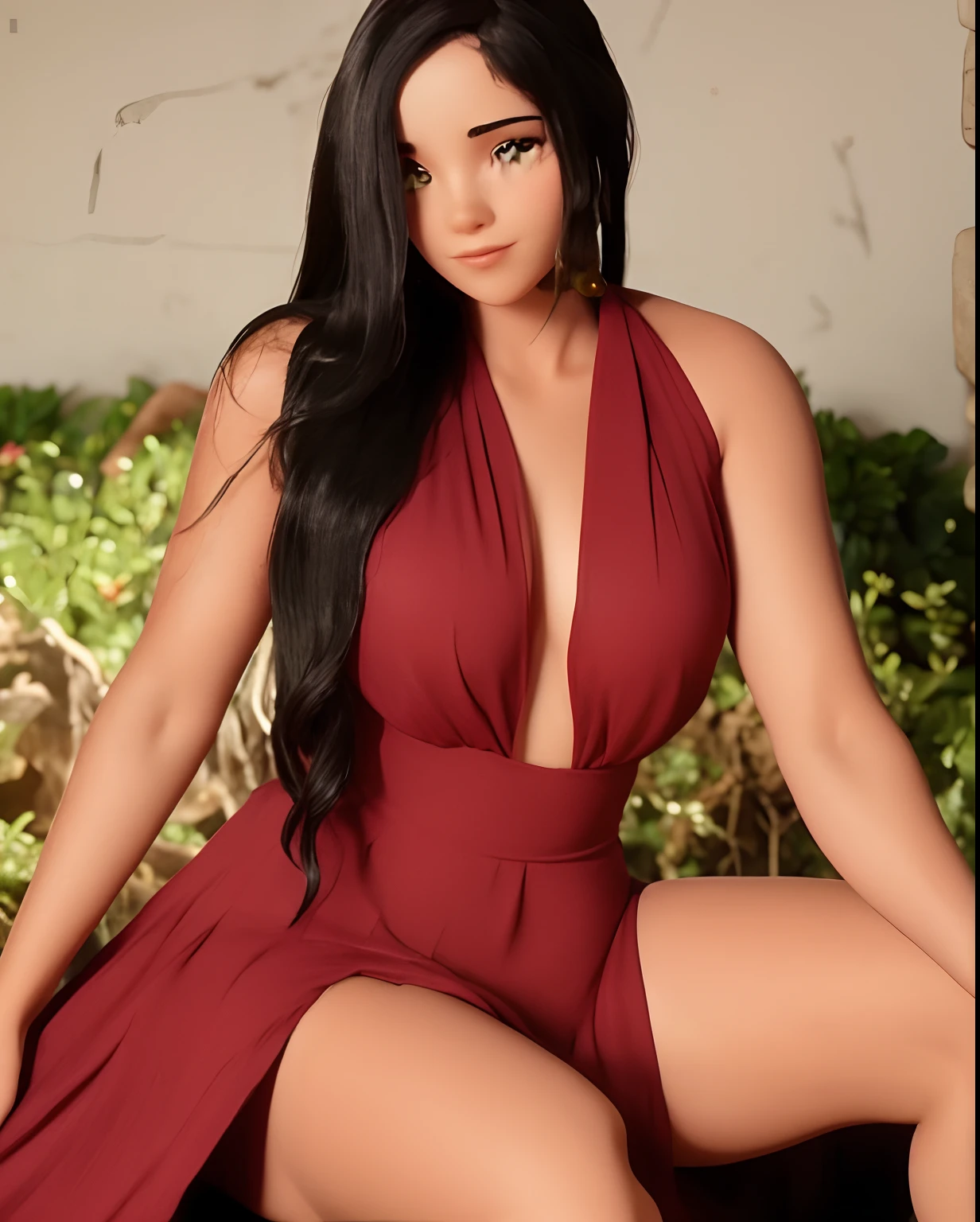 Mulher com vestido vermelho aberto no meio, um pouco sensual sentada em cima de uma mesa
