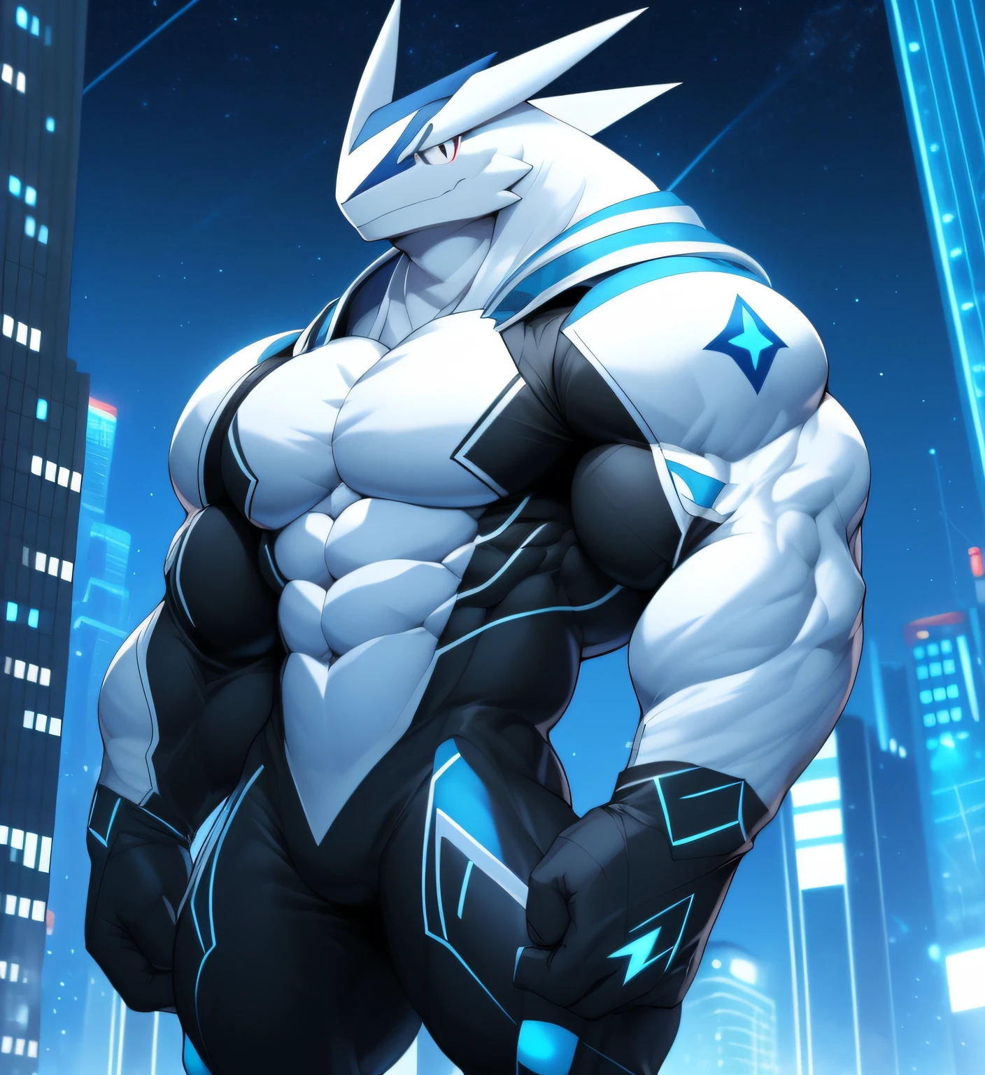 City background, skyscraper, futuristic city, night, stars, night lights, Albino Greninja Gigachad, Albino super hero, hero, bodysuit, massive muscles, huge pecs, chiseled abs, huge pectorals, exaggeratedly huge muscles. a furry hero whose presence inspires trust and respect. (((His hero costume is black, and white) Albino