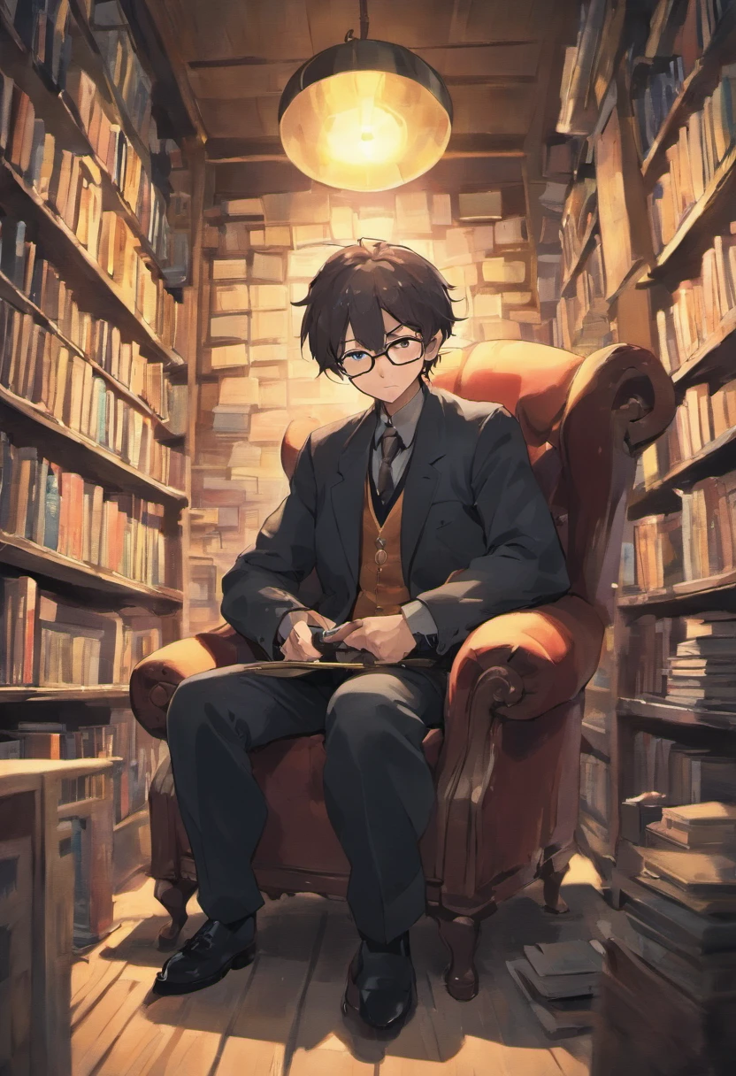 There's a bespectacled man sitting in a chair in front of a bookshelf, with glasses and goatee, 3 6 anos, imagem do avatar, foto de perfil headshot, 3 2 anos, imagem de perfil, Postagem no Reddit, 38 anos, staring directly at camera, taken in the early 2020s, 3 5 anos, 35 anos