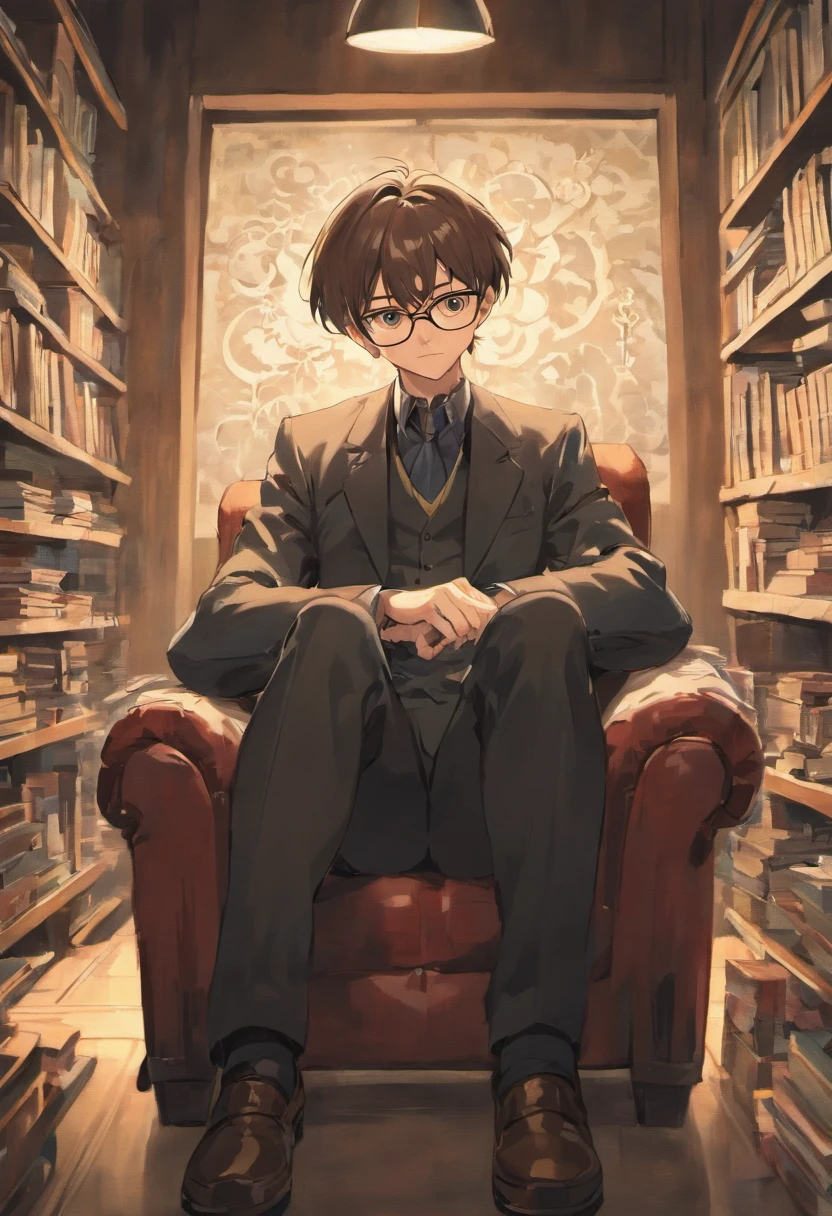 There's a bespectacled man sitting in a chair in front of a bookshelf, with glasses and goatee, 3 6 anos, imagem do avatar, foto de perfil headshot, 3 2 anos, imagem de perfil, Postagem no Reddit, 38 anos, staring directly at camera, taken in the early 2020s, 3 5 anos, 35 anos