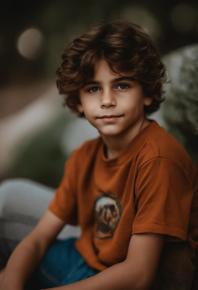 Imagem de um menino de 1,50 de 13 anos com cabelo marron pele branca olhos marrons com uma camiseta de rock escrito "❤️rock❤️