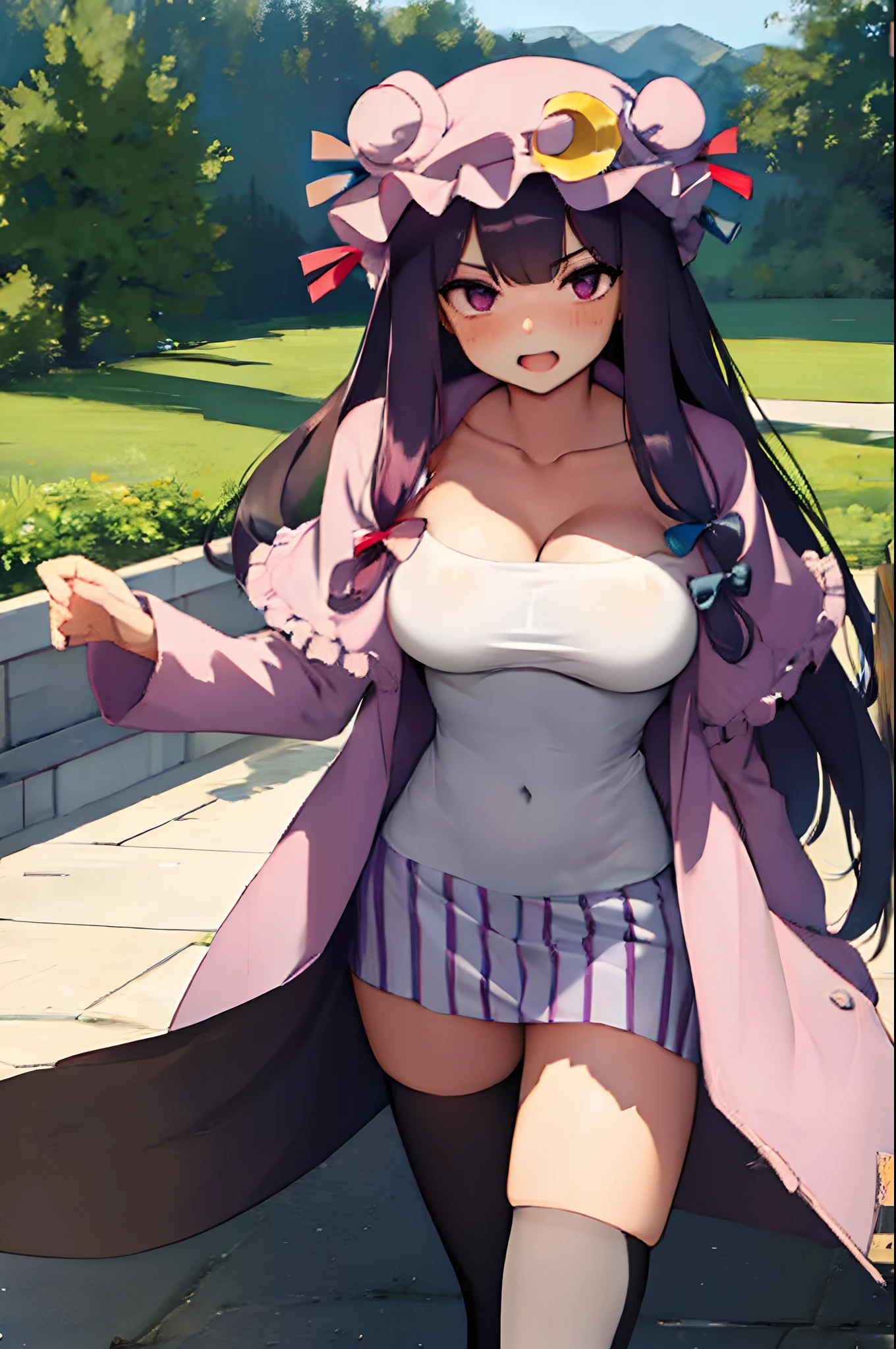 (solo Patchouli (standing with open legs):1.3), lakeside forest, BREAK, (inconceivably long legs:1.2), thin legs, (legs apart), pigeon toed, (black long thighhighs:1.3), (very short skirt:1.3), BREAK, (very short torso), BREAK, (perky huge breast:1.3), (thin waist:1.2), BREAK, smile for viewer, open mouth, (nose blush:1.2), BREAK, arms down, BREAK, (nsfw:0.3), (orgasm), (heavy breathing), BREAK, (full body), BREAK, (masterpiece, best quality, ultra high resolution, beautiful detailed)