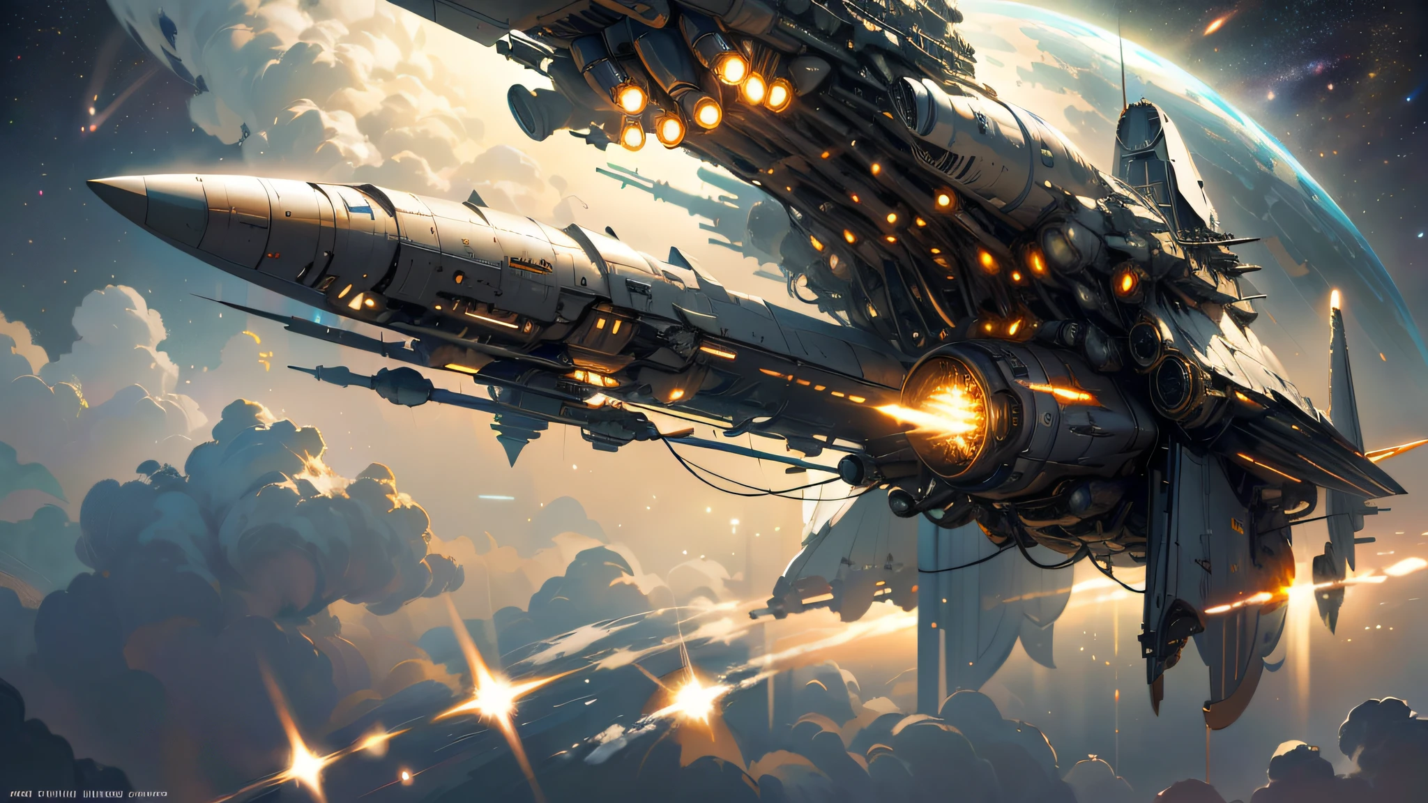A futuristic hypersonic giant airplane flying in the deep space, military airplane that ressembles to a concorde of a very far futur, (large wings with four ultrasonic engines: 1.7), a field of stars and planets, fantasy deep space background, wallpaper, printable, steel made ship decorated with silver and gold, carbon fiber elements, engines emitting blue energy, star wars, naca profiled aircraft, propusors, jet engines
