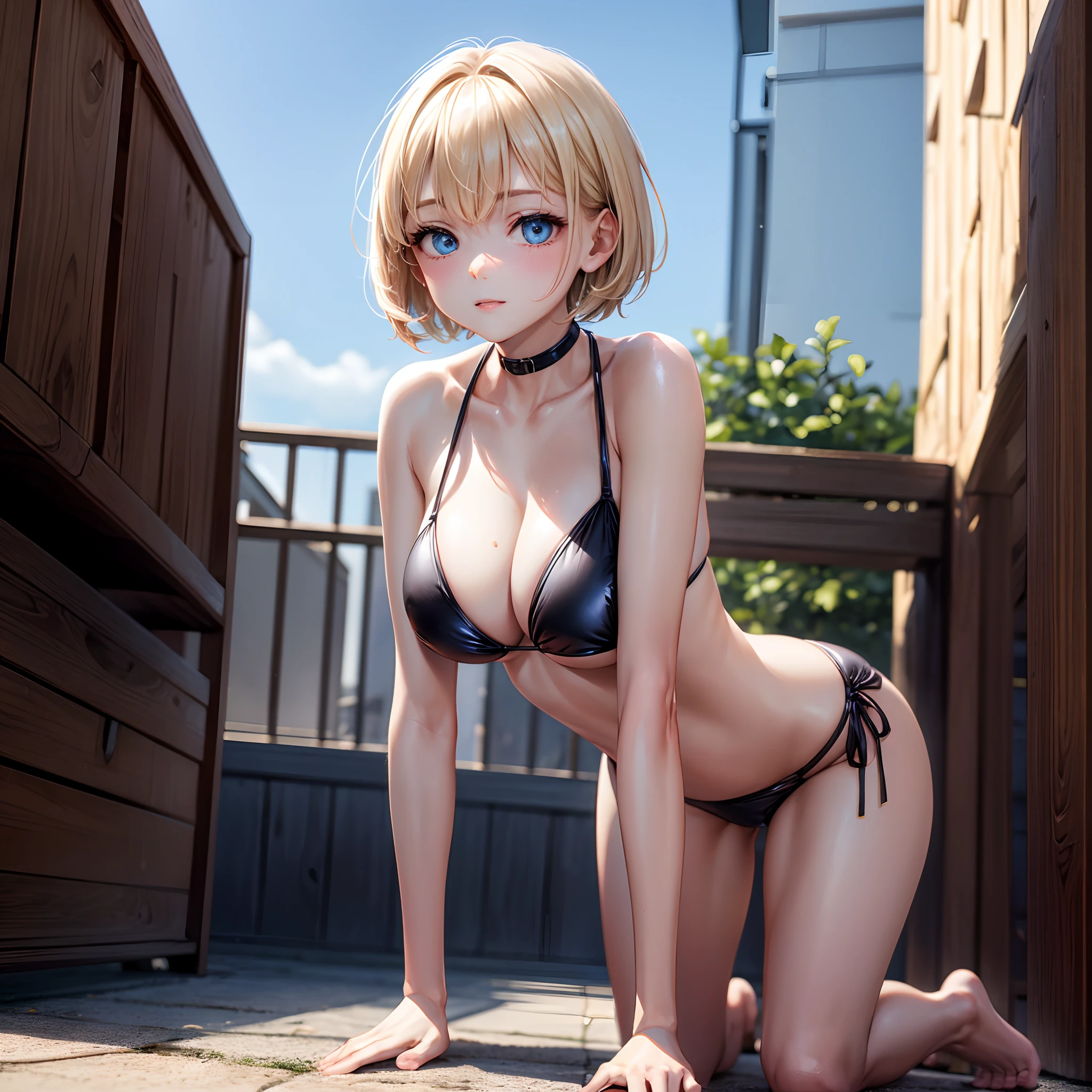 realisitic、top-quality、all-fours、((One Woman:1.5))、blonde hair、blue eyess、Short hair、outside of house、Highly exposed、Black PVC Bikini