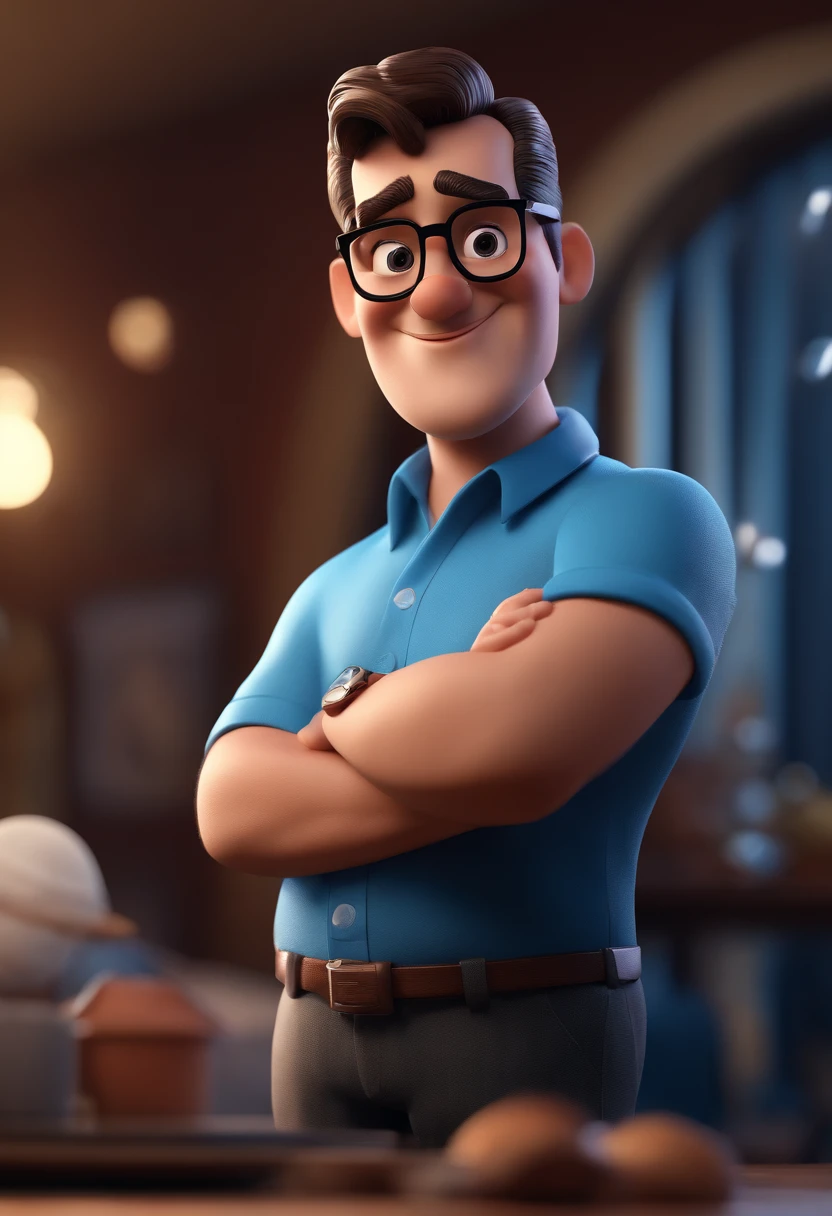 Cartoon character of a man with black glasses and a blue shirt, animation character, Caractere estilizado, animation style rendering, 3D estilizado, Arnold Maya render, 3 d render stylized, toon render keyshot, Personagem 3D, Personagem 3D, 3d rendering stylized, 3 d character render, personagem de desenho animado, Personagem de close up, Pose de personagem,  (Estilo Pixar) (master part:1.2) (Bokeh) (best quality) (pele detalhada) (textura detalhada) (8k) (argila) (Cinematic lighting) (foco nítido