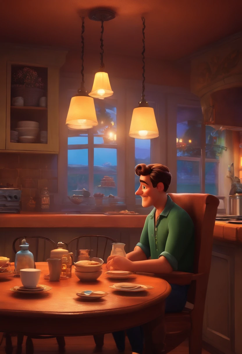 Um filme inspirado na Disney Pixar (homem COM CABELO PRETO) dentro A cena estar na arte distinta do estilo PIXAR, descolada e estilosa