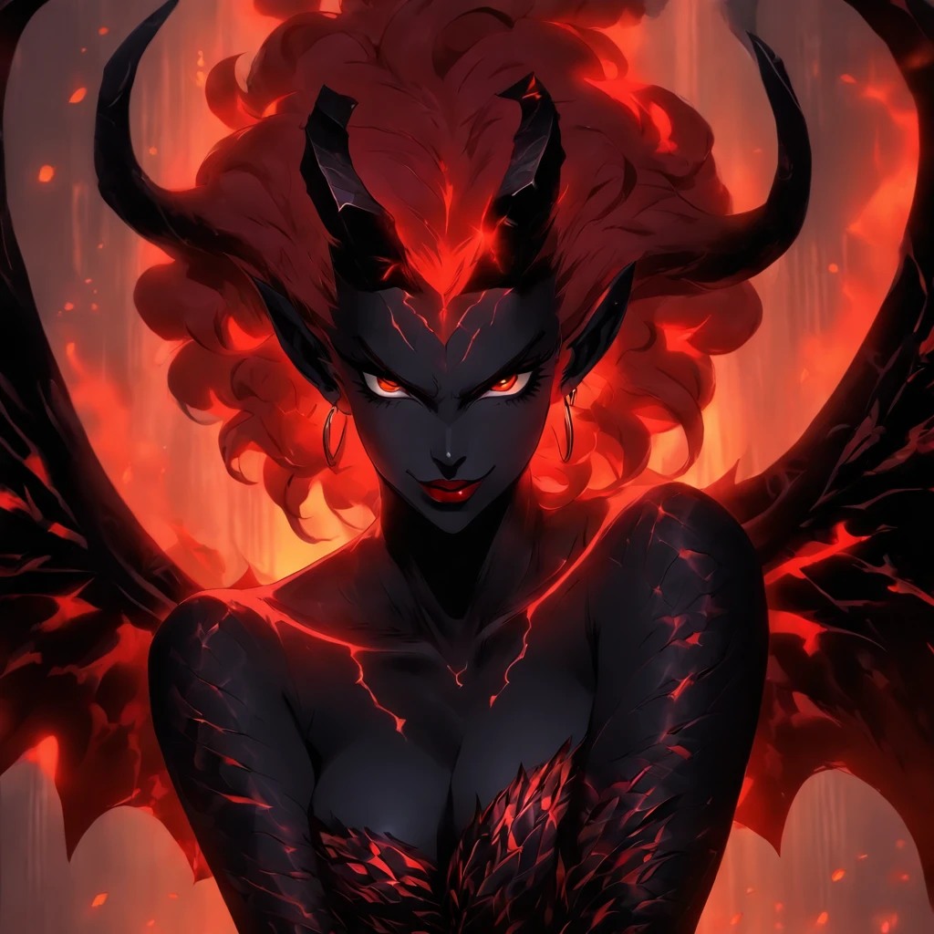 (best quality,4k,8k,Altas,master part:1.2),ultra-detalhado,(Realistic,fotorrealista,photo-realistic:1.37),Thicc succubus mama quente com longos cabelos pretos, intense black lips, vestindo uma roupa de couro preto reveladora adornada com elementos BDSM. Seu traje consiste em um bustier sedutor, acentuando sua figura voluptuosa. Her skin is a captivating shade of fiery red, Exuding a demonic allure. Elegantly sprouting from his back are a pair of majestic demon wings, Exquisitely detailed with intricate patterns. Atop its head, ela possui chifres hipnotizantes, Exemplifying His Supernatural Presence. A obra de arte deve capturar sua aura sedutora, Showing Your Confidence and Power. A luz em cena deve enfatizar as curvas sedutoras de seu corpo, Casting Shadows and Dramatic Highlights. The color palette should evoke a sense of darkness and desire, com ricos tons contrastantes de preto, vermelho, e quilombolas profundos.