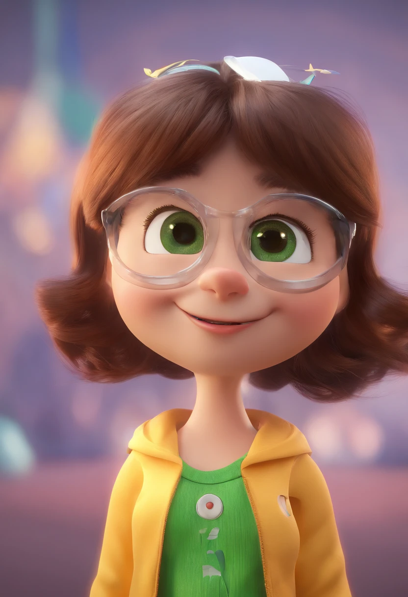 A 3D pixar Disney style movie character with wave dark brown hair, green eyes, transparent glasses, white skin and a silver pircing on the nose. the environment must be something that remembers creativity