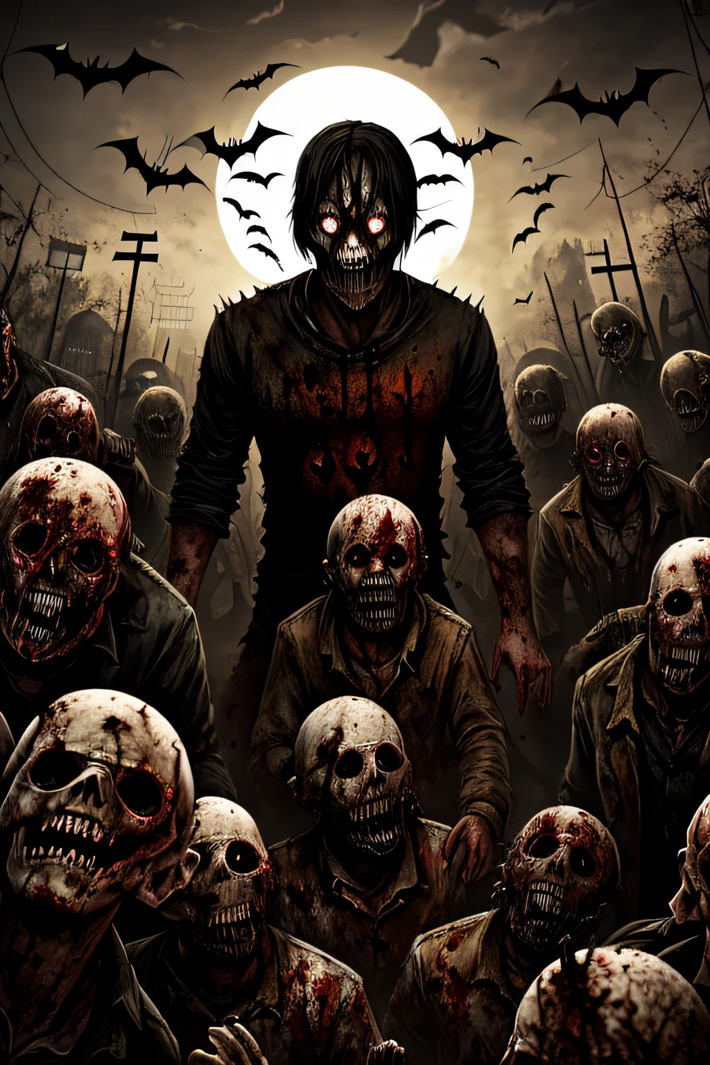 A scary and very disturbing darkness Halloween scene with zombies, full of detail and texture. It's awful and beautiful at the same time. blood and pumping are in