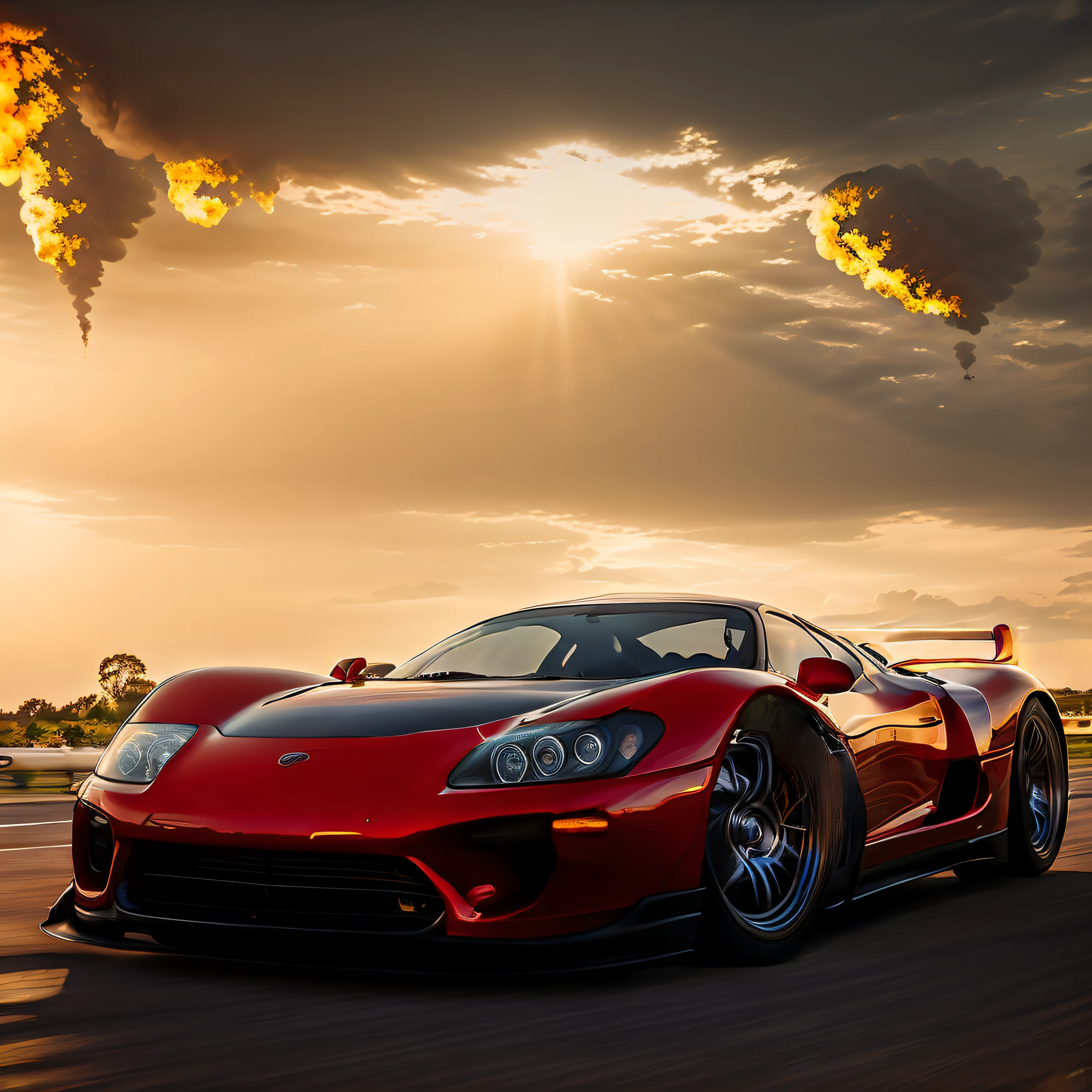 Create an artistic representation of a supercar racing on a track engulfed in flames. The image should convey the energy and intensity of the moment, with a bold and expressive art style. The supercar should be depicted with exaggerated features, such as elongated lines and vibrant colors, emphasizing its dynamic nature. The race track should be portrayed with swirling flames and sparks, creating a visually striking and dramatic scene. The surroundings can include stylized grandstands, spectators, and other elements that add to the racing atmosphere. The image should have a medium shot composition, allowing for a detailed view of the supercar while also capturing the surrounding elements. The art style can incorporate elements of abstraction and surrealism, adding a unique and visually captivating touch to the image.