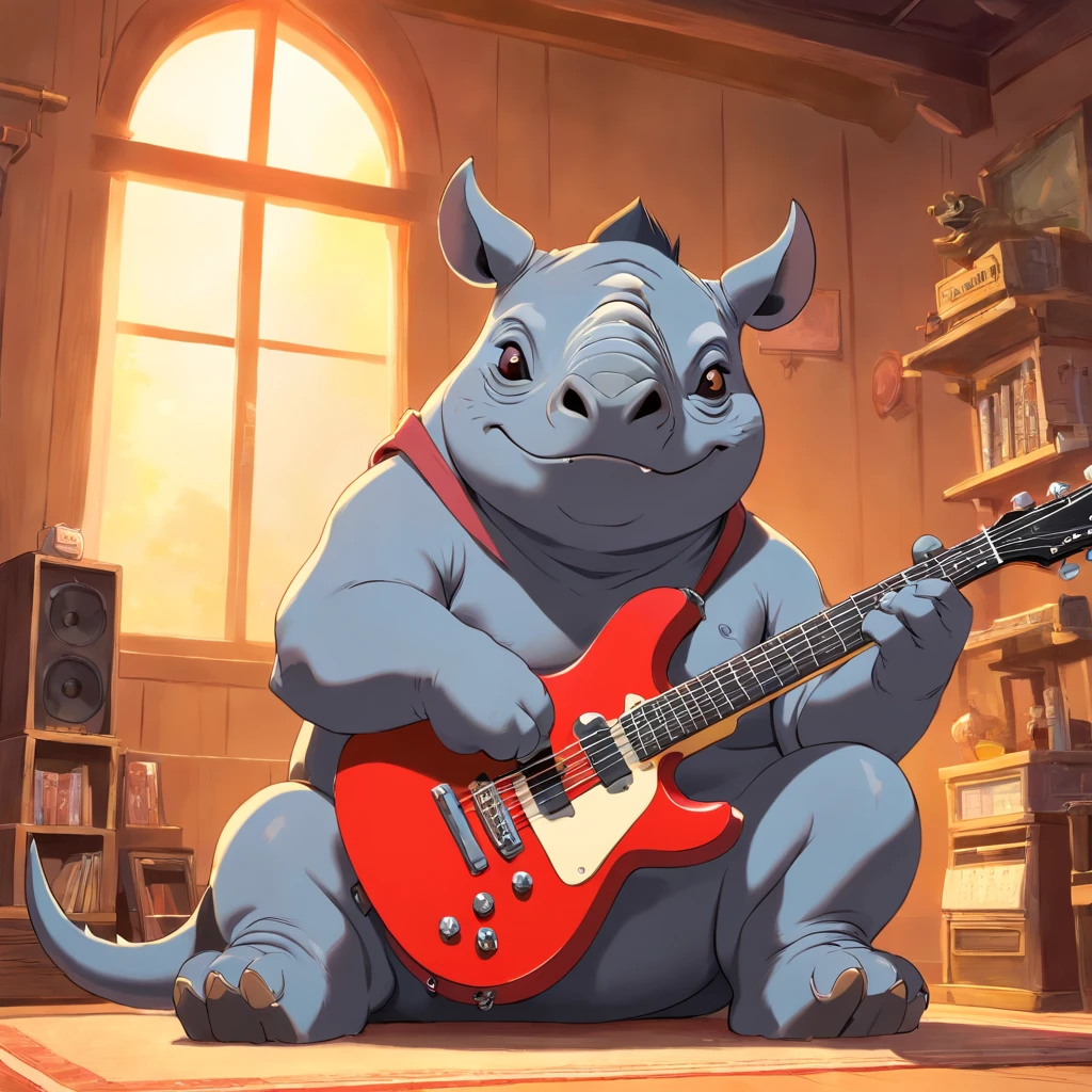 (masutepiece, Best Quality), rhinoceros,Black rhino, Playing guitar, Looking at Viewer, blurred foreground, Full body, Poses variadas, Rock 'n' Roll Costumes,kawaii,Cute