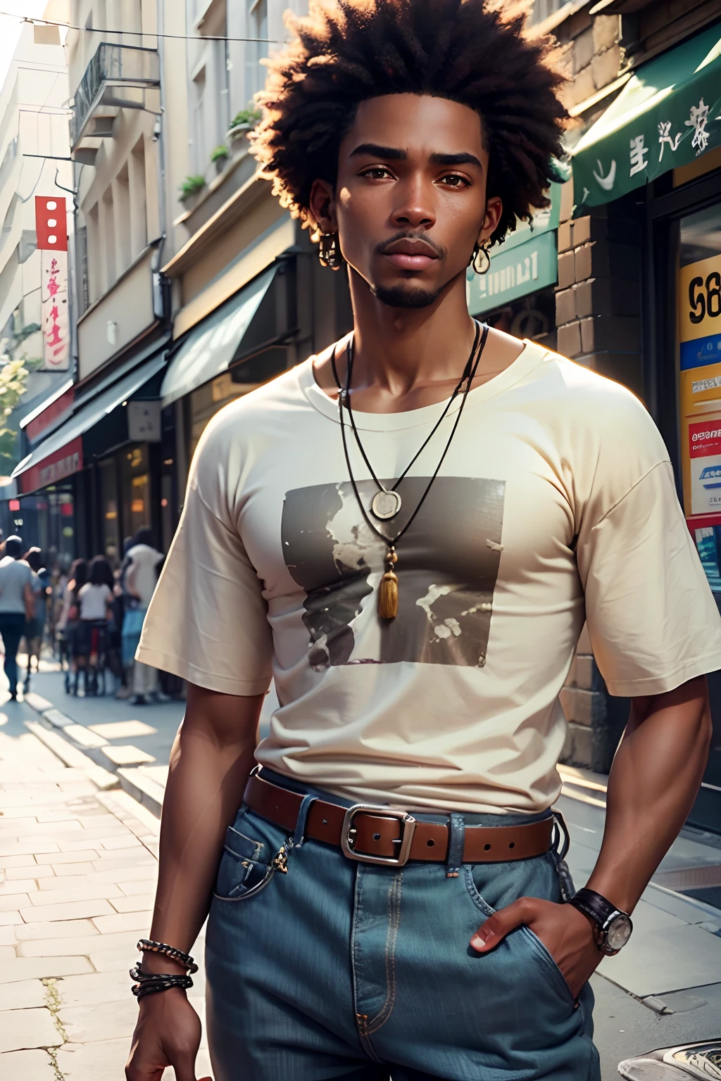 (Realstic:1.3), finely detailed, quality, Rembrandt Lighting, (Maserpiece:1.2), (photoreallistic:1.2), (Best quality), (detailed skin:1.3), (Intricate details), dramatique, Petit homme noir, tanned skin, afro-american, Large plastered braids, 1Men's short neck chain (Links with Haiti), afro, T-shirt blanc, veste en cuir marron, Pantalon beige, iPod hanging from the belt, sleeves beyond the wrists, (Marron:1.4), (Tokyo, Rue de la ville --auto --s2