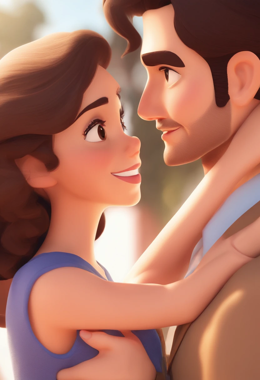 An illustration of an adorable couple, destacando um homem e uma mulher com bonito, Expressive eyes – the man's skin is black and the man's hair is bald and black, while the woman's skin is black and the woman's hair is curly and brown. They are a bright room, cada um com um sorriso no rosto, e compartilhar um momento especial caracterizado pelo amor, arroz, e insights educacionais. Illustrate this scene from a perspective where they are facing away from the camera, Showing Your Connection. Desenvolva esta arte em Full HD, Focus on your cinematic touch, Estilo Disney Pixar Animations