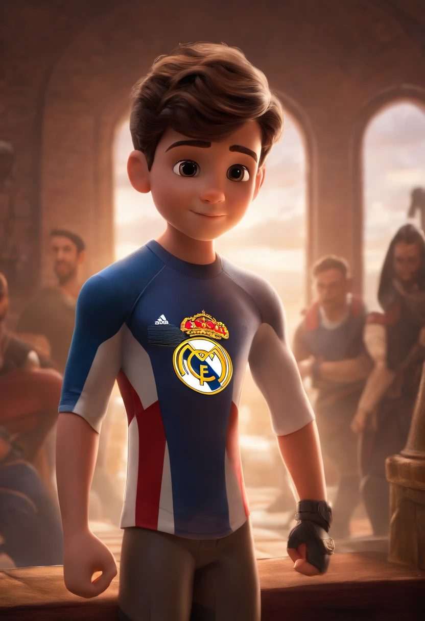 Brunette boy with the Real Madrid shirt with the Avengers pixar version