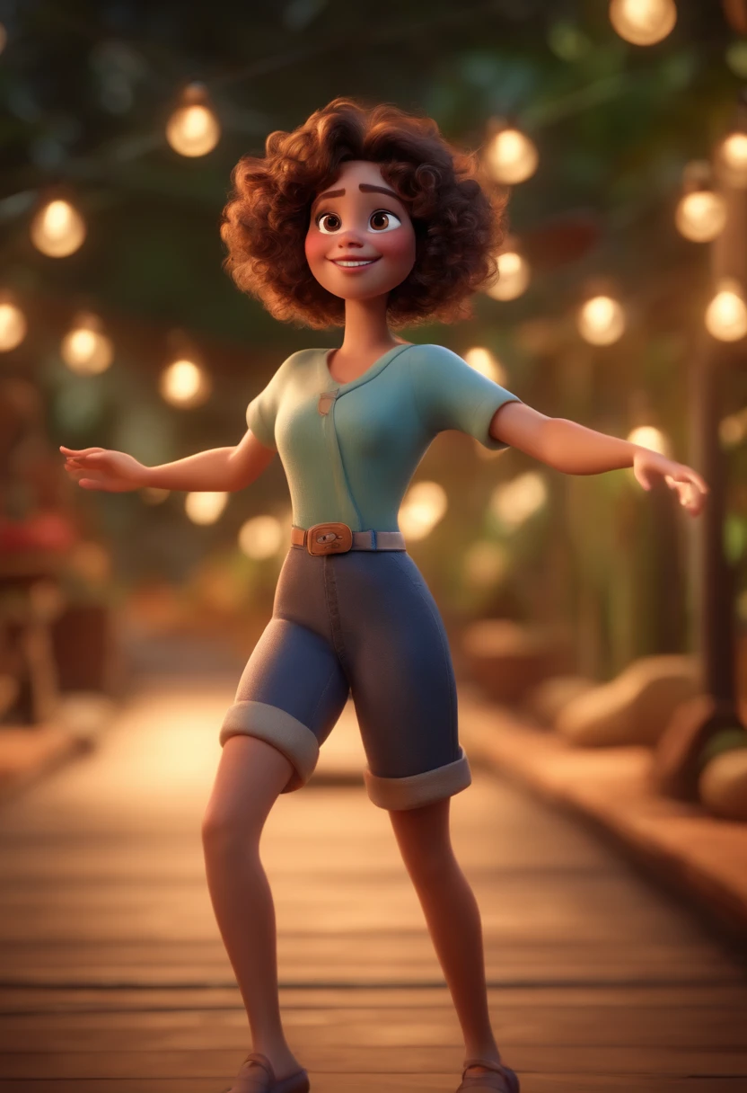 Pixar style image with 3D character white glasses brunette woman short curly hair dancing, Maquiagem Disney,Pescador, bonitinho, sorridente ,Close-up, Pixar, Disney, Cinema lighting,