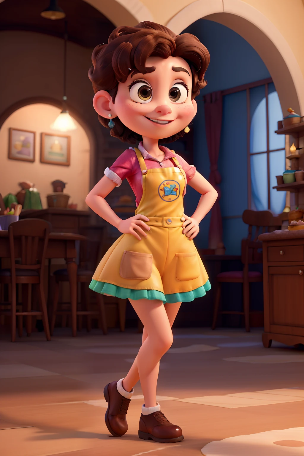 Magem Pixar Style with 3D Character Brunette Woman Short Straight Hair Dancing on Disney Stage with many cakes around her she dressed in an apron written Lucy.cakes