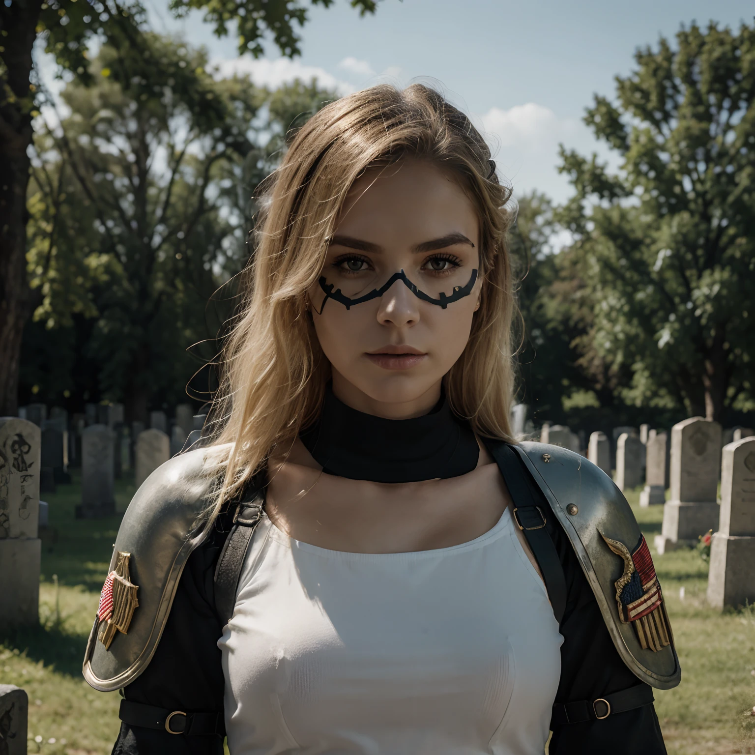 8k, Best quality, Masterpiece ,Femme blonde,Female Soldier Skull Mask, armure, army, Arme de maintien, The Death Squad, Cemetery Landscape