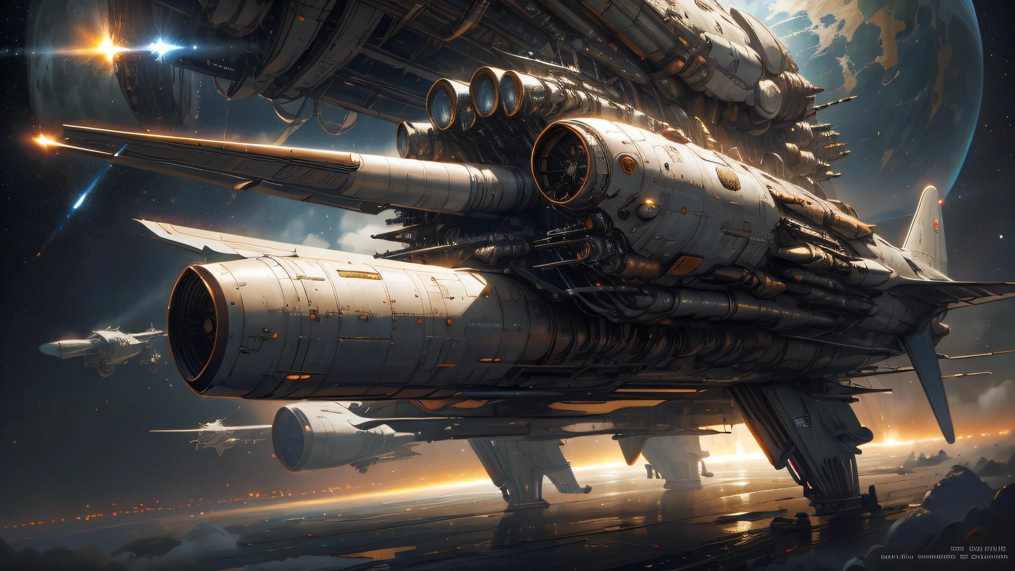A futuristic hypersonic giant airplane flying in the deep space, military airplane that ressembles to a concorde of a very far futur, (large wings with four ultrasonic engines: 1.7), a field of stars and planets, fantasy deep space background, wallpaper, printable, steel made ship decorated with silver and gold, carbon fiber elements, engines emitting blue energy, star wars, naca profiled aircraft, propusors, jet engines
