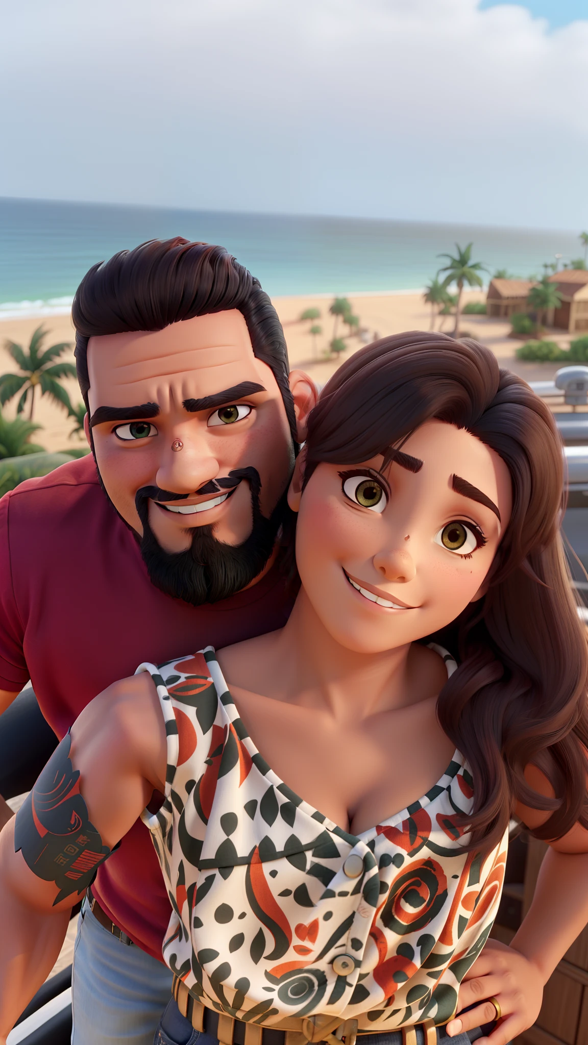 um bonito casal latino americano apaixnonado por heavy metal, a mulher tem cabelos marrons e o homem tem barba e usa camisa do iron vermelha