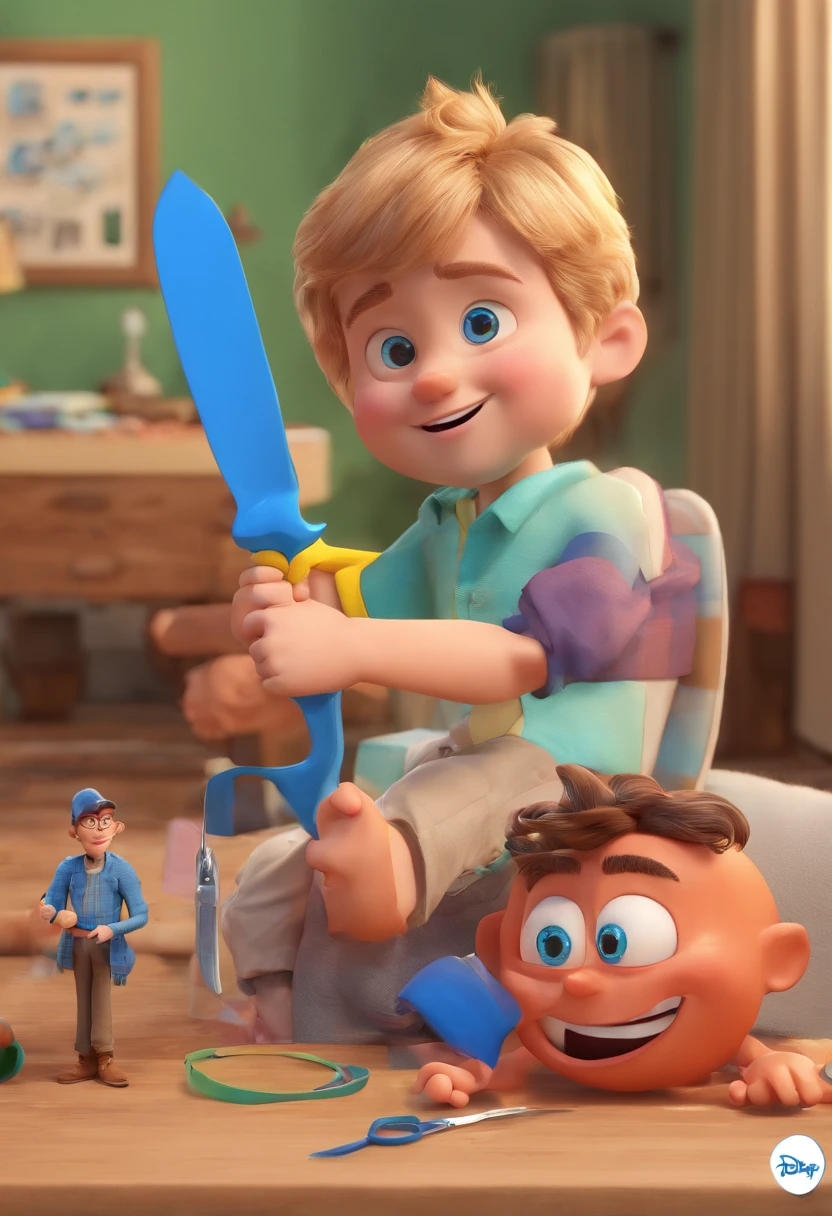 Estilo Pixar: The grown man is holding a naked blue-eyed boy and in his other hand he is holding a pair of scissors and is trying to cut off the boy's testicles,3D Poster,Disney